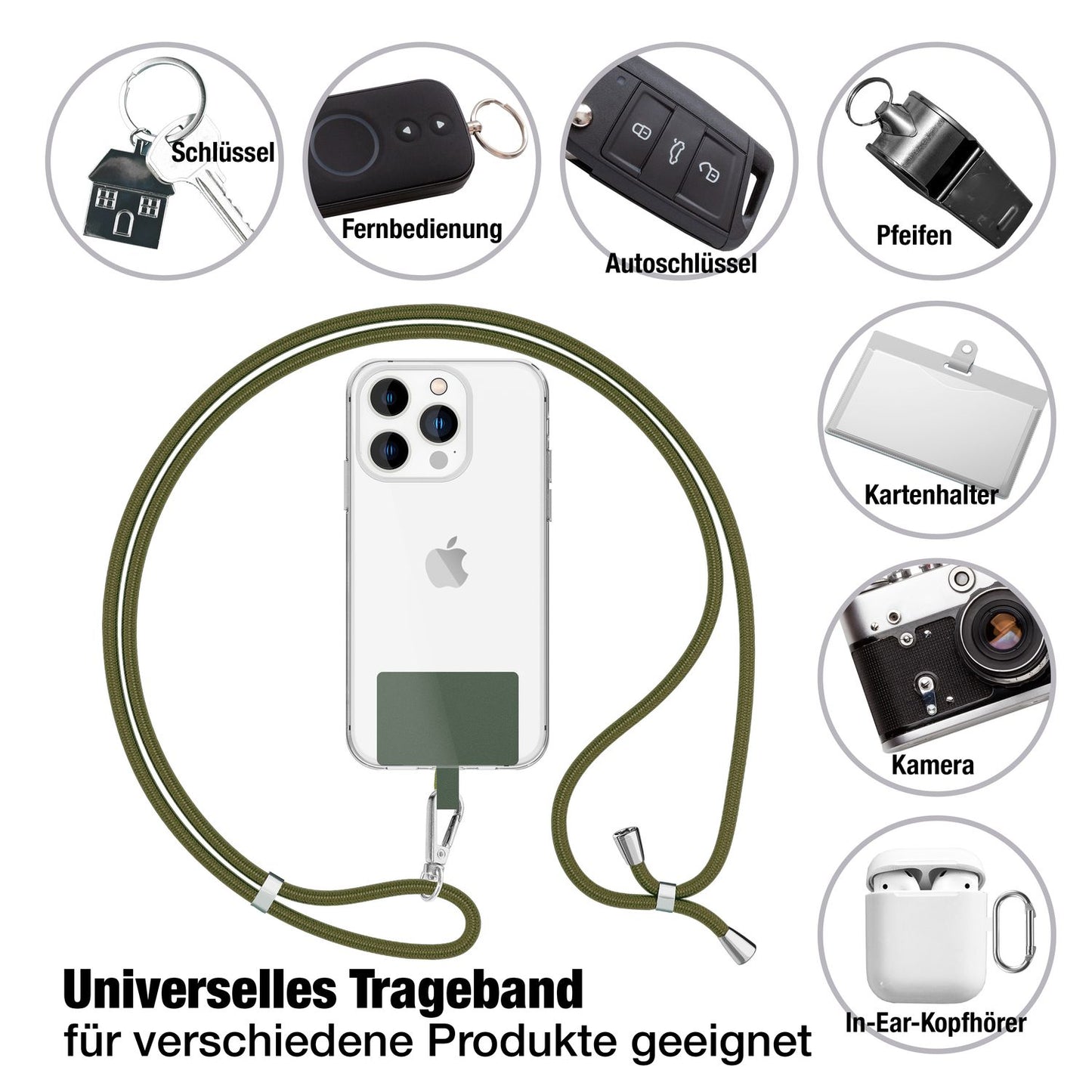 NALIA Universal-Kette mit Pad, Band für Handy-Hülle zum Umhängen, Karabinerhaken aus Metall (silber), Schlüsselband Umhängeband 160 CM, Crossbody Lanyard