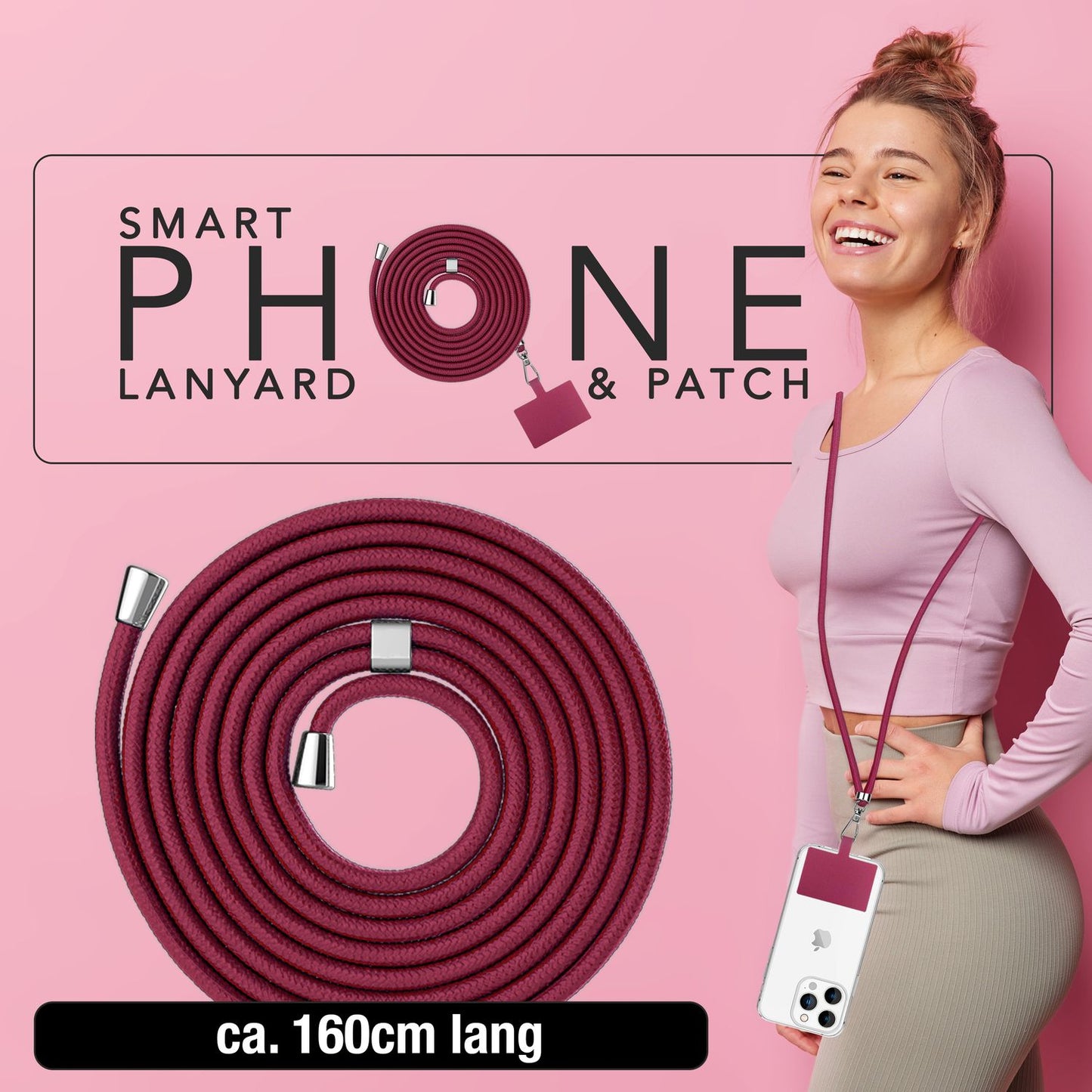 NALIA Universal-Kette mit Pad, Band für Handy-Hülle zum Umhängen, Karabinerhaken aus Metall (silber), Schlüsselband Umhängeband 160 CM, Crossbody Lanyard