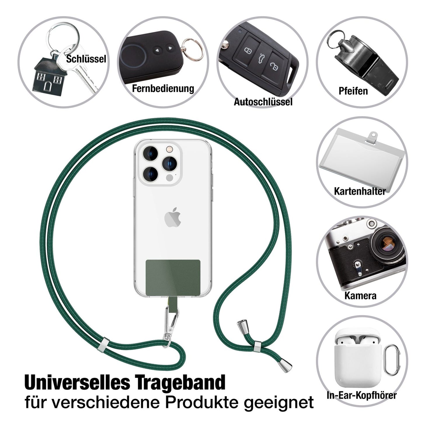 NALIA Universal-Kette mit Pad, Band für Handy-Hülle zum Umhängen, Karabinerhaken aus Metall (silber), Schlüsselband Umhängeband 160 CM, Crossbody Lanyard