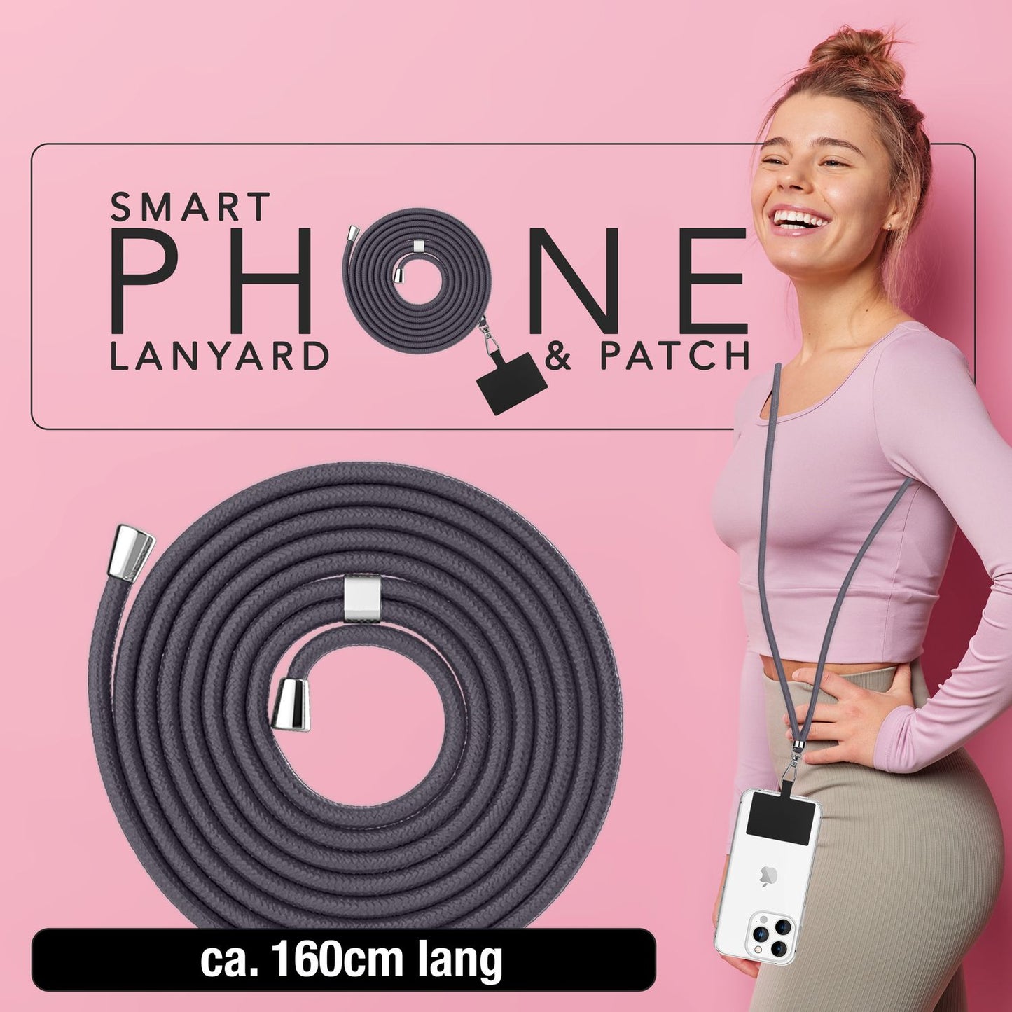 NALIA Universal-Kette mit Pad, Band für Handy-Hülle zum Umhängen, Karabinerhaken aus Metall (silber), Schlüsselband Umhängeband 160 CM, Crossbody Lanyard