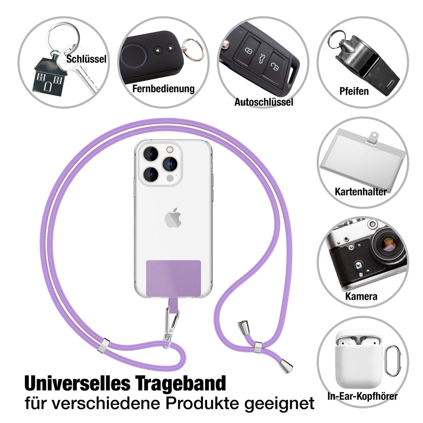 NALIA Universal-Kette mit Pad, Band für Handy-Hülle zum Umhängen, Karabinerhaken aus Metall (silber), Schlüsselband Umhängeband 160 CM, Crossbody Lanyard