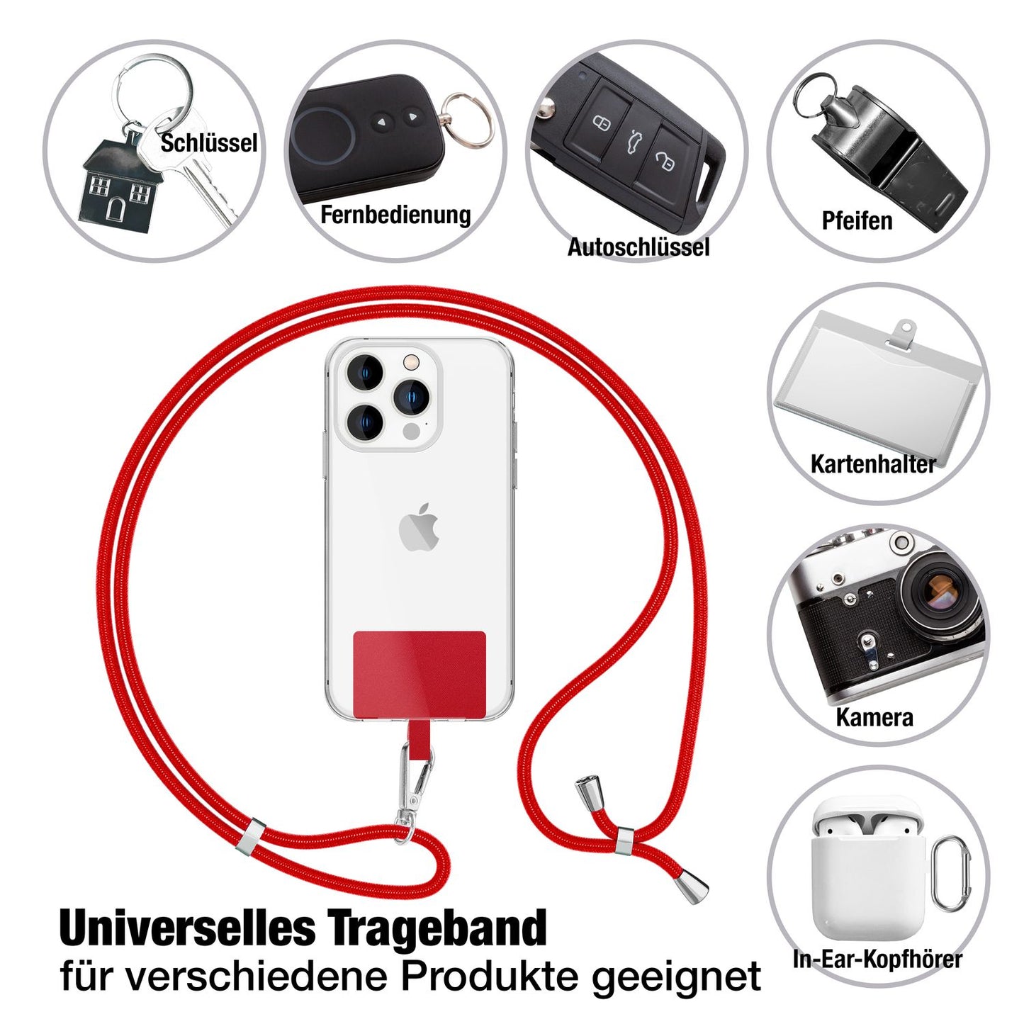 NALIA Universal-Kette mit Pad, Band für Handy-Hülle zum Umhängen, Karabinerhaken aus Metall (silber), Schlüsselband Umhängeband 160 CM, Crossbody Lanyard