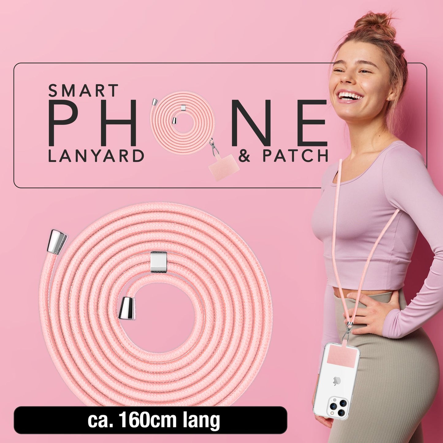 NALIA Universal-Kette mit Pad, Band für Handy-Hülle zum Umhängen, Karabinerhaken aus Metall (silber), Schlüsselband Umhängeband 160 CM, Crossbody Lanyard