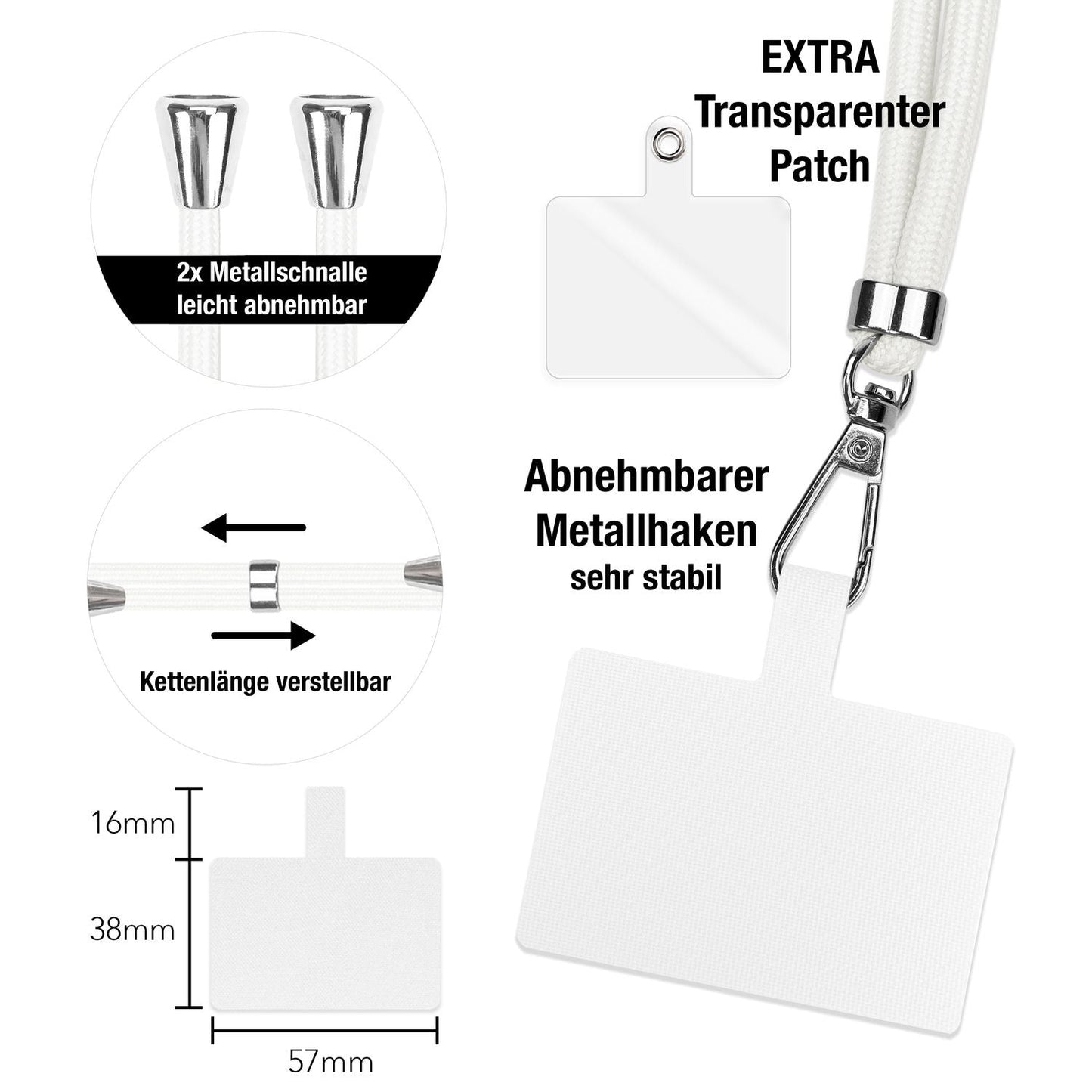 NALIA Universal-Kette mit Pad, Band für Handy-Hülle zum Umhängen, Karabinerhaken aus Metall (silber), Schlüsselband Umhängeband 160 CM, Crossbody Lanyard