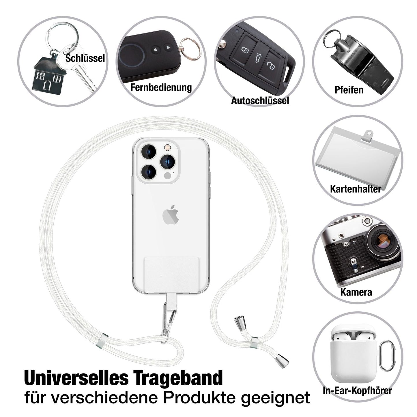 NALIA Universal-Kette mit Pad, Band für Handy-Hülle zum Umhängen, Karabinerhaken aus Metall (silber), Schlüsselband Umhängeband 160 CM, Crossbody Lanyard