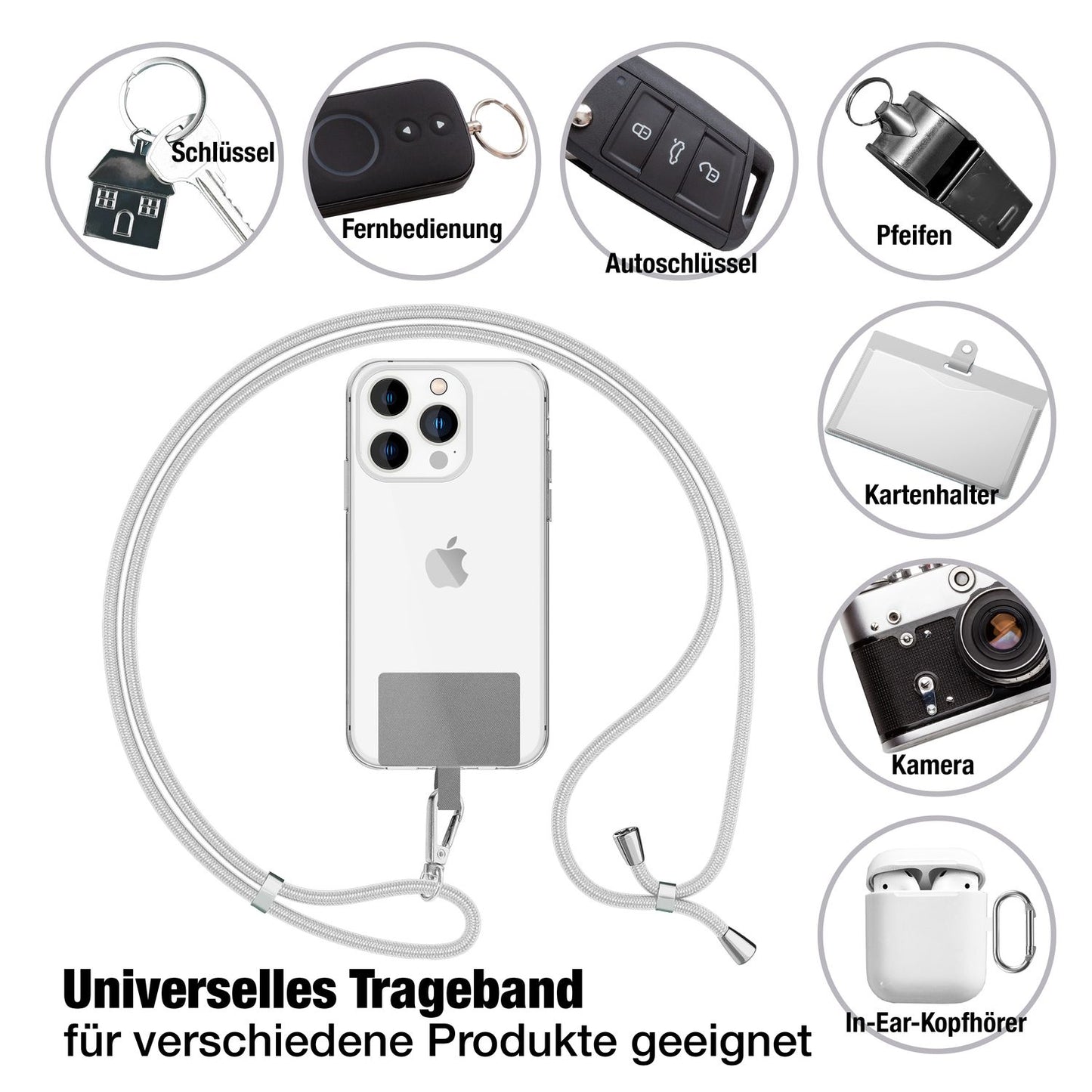NALIA Universal-Kette mit Pad, Band für Handy-Hülle zum Umhängen, Karabinerhaken aus Metall (silber), Schlüsselband Umhängeband 160 CM, Crossbody Lanyard