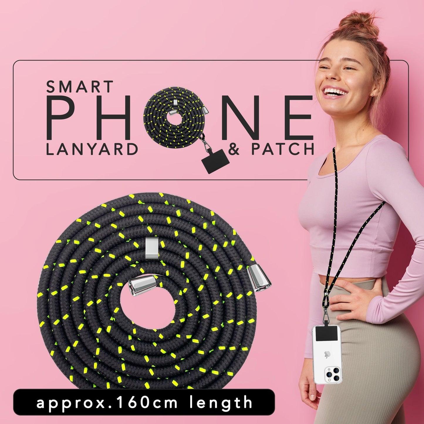 Lanț universal pentru telefon, pentru purtare în jurul gâtului, cu pernă și carabină pentru husa de smartphone