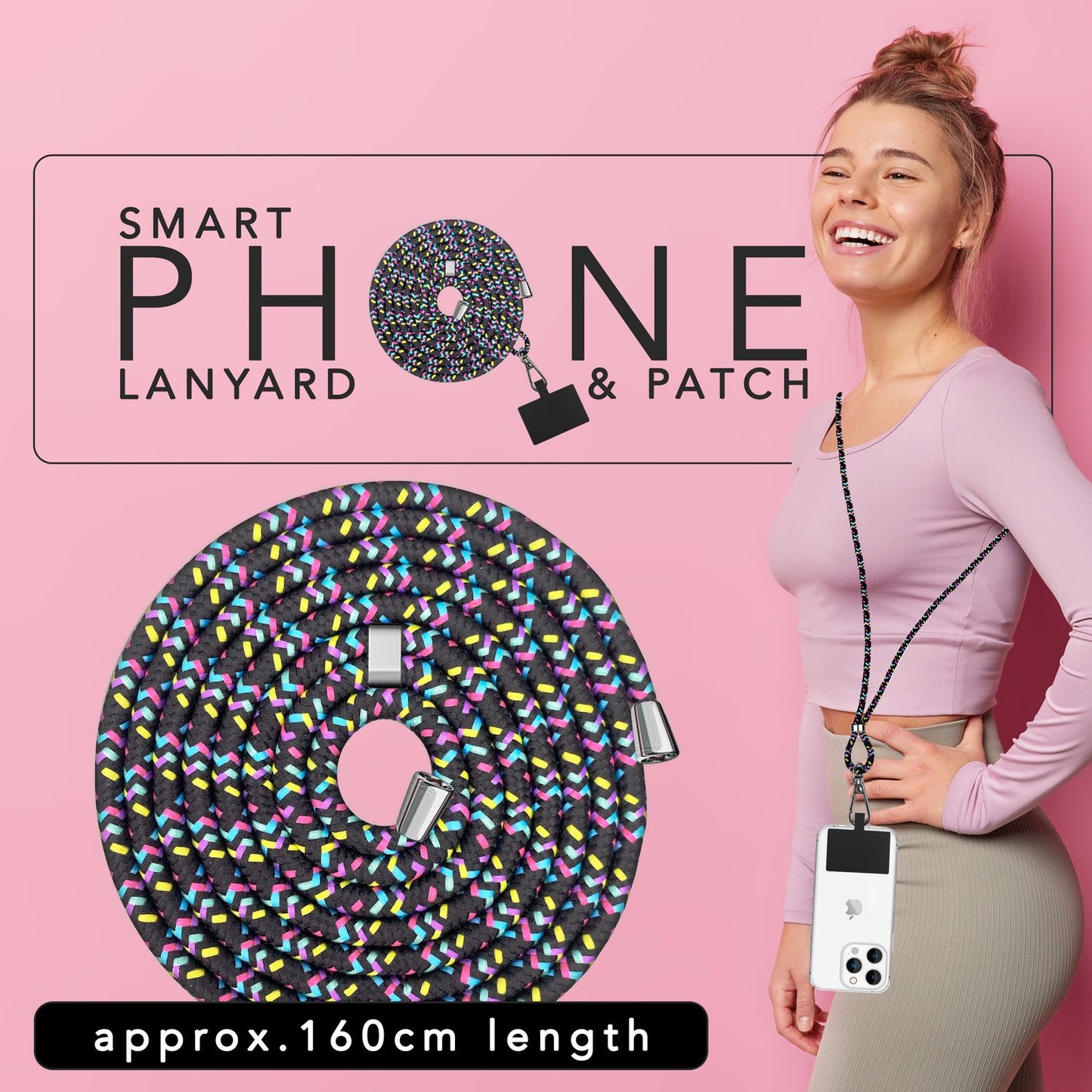 Lanț universal pentru telefon, pentru purtare în jurul gâtului, cu pernă și carabină pentru husa de smartphone