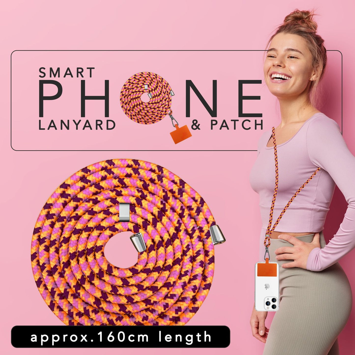 Lanț universal pentru telefon, pentru purtare în jurul gâtului, cu pernă și carabină pentru husa de smartphone