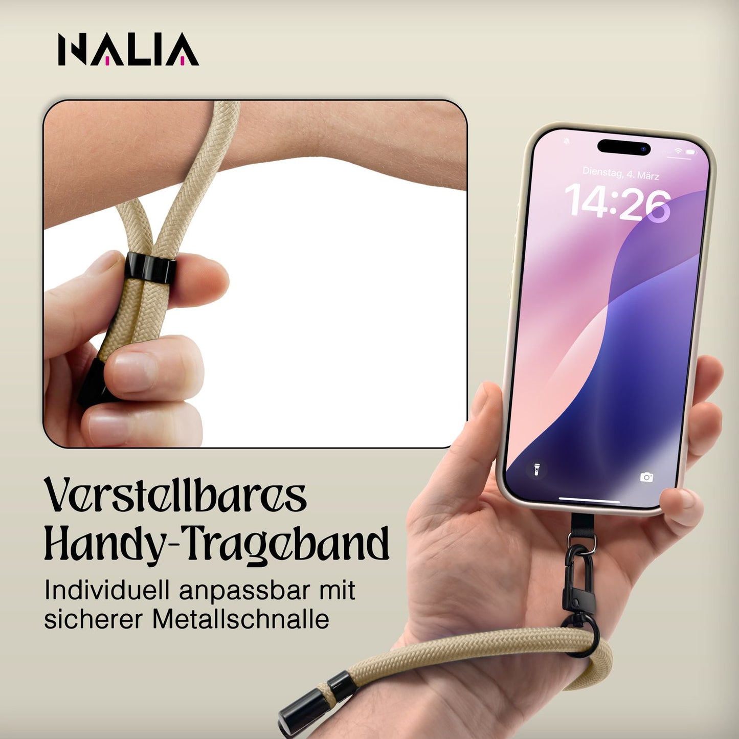 NALIA Wristy Universal Lanyard Handy-Kette für Smartphone & Handyhüllen, Handgelenk-Schlaufe mit Metallkarabiner, Verstellbares Trageband, Anti-Diebstahl Handyband