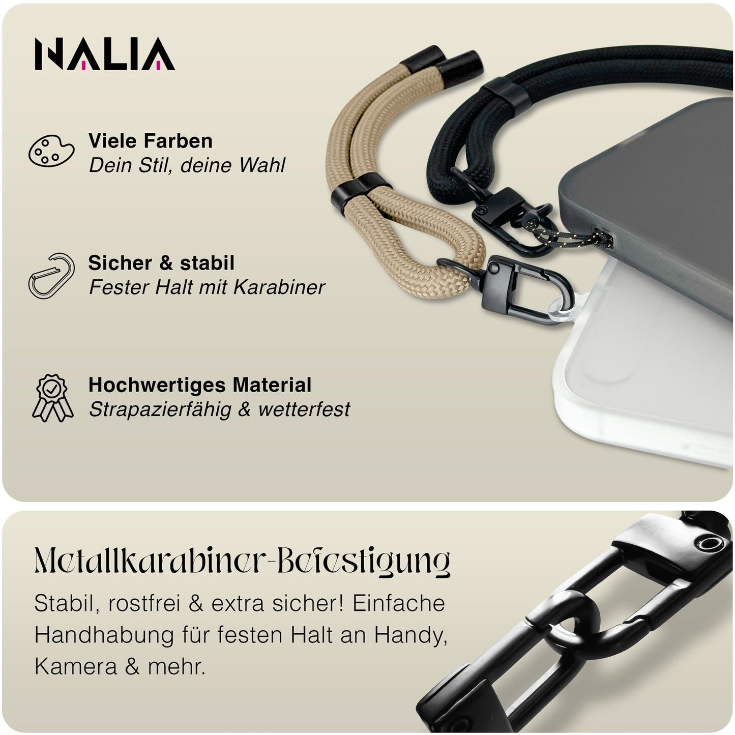 NALIA Wristy Universal Lanyard Handy-Kette für Smartphone & Handyhüllen, Handgelenk-Schlaufe mit Metallkarabiner, Verstellbares Trageband, Anti-Diebstahl Handyband
