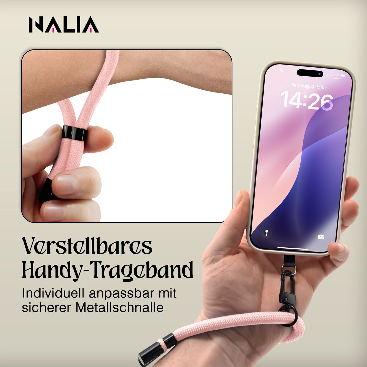NALIA Wristy Universal Lanyard Handy-Kette für Smartphone & Handyhüllen, Handgelenk-Schlaufe mit Metallkarabiner, Verstellbares Trageband, Anti-Diebstahl Handyband