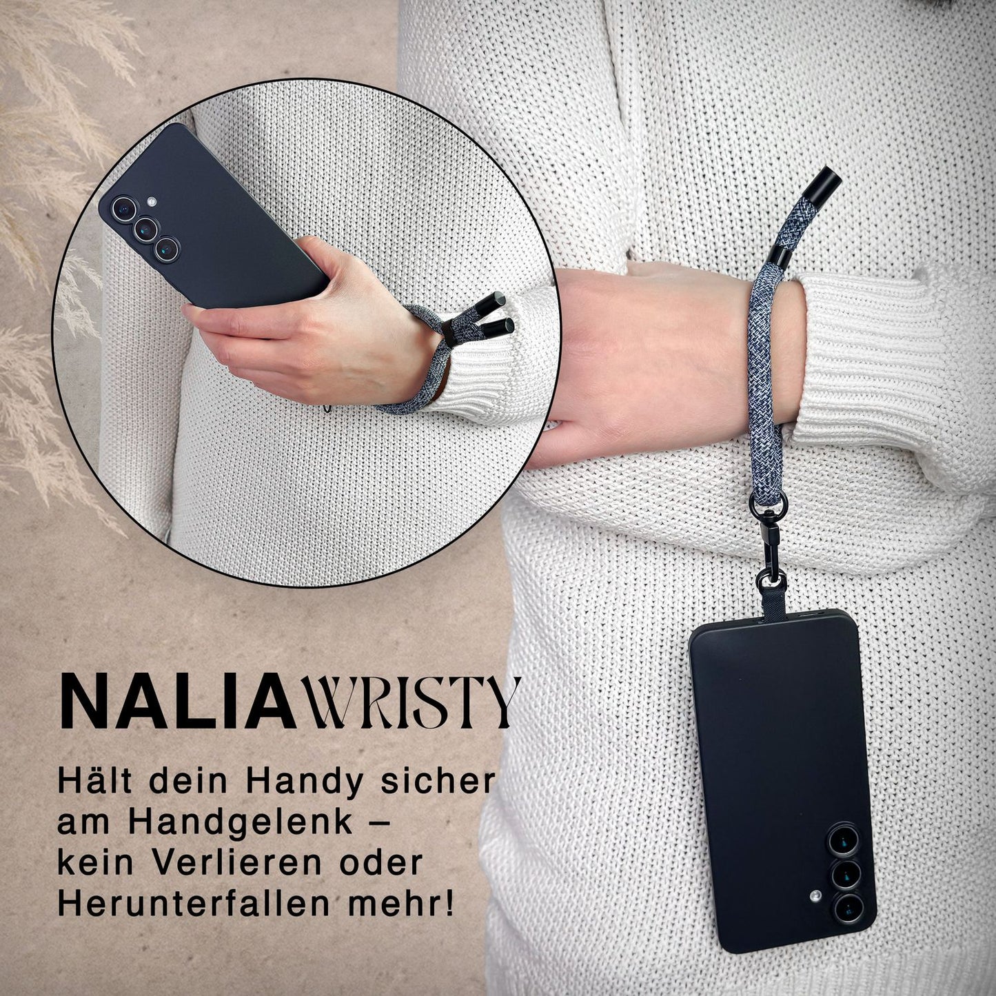 NALIA Wristy Universal Lanyard Handy-Kette für Smartphone & Handyhüllen, Handgelenk-Schlaufe mit Metallkarabiner, Verstellbares Trageband, Anti-Diebstahl Handyband