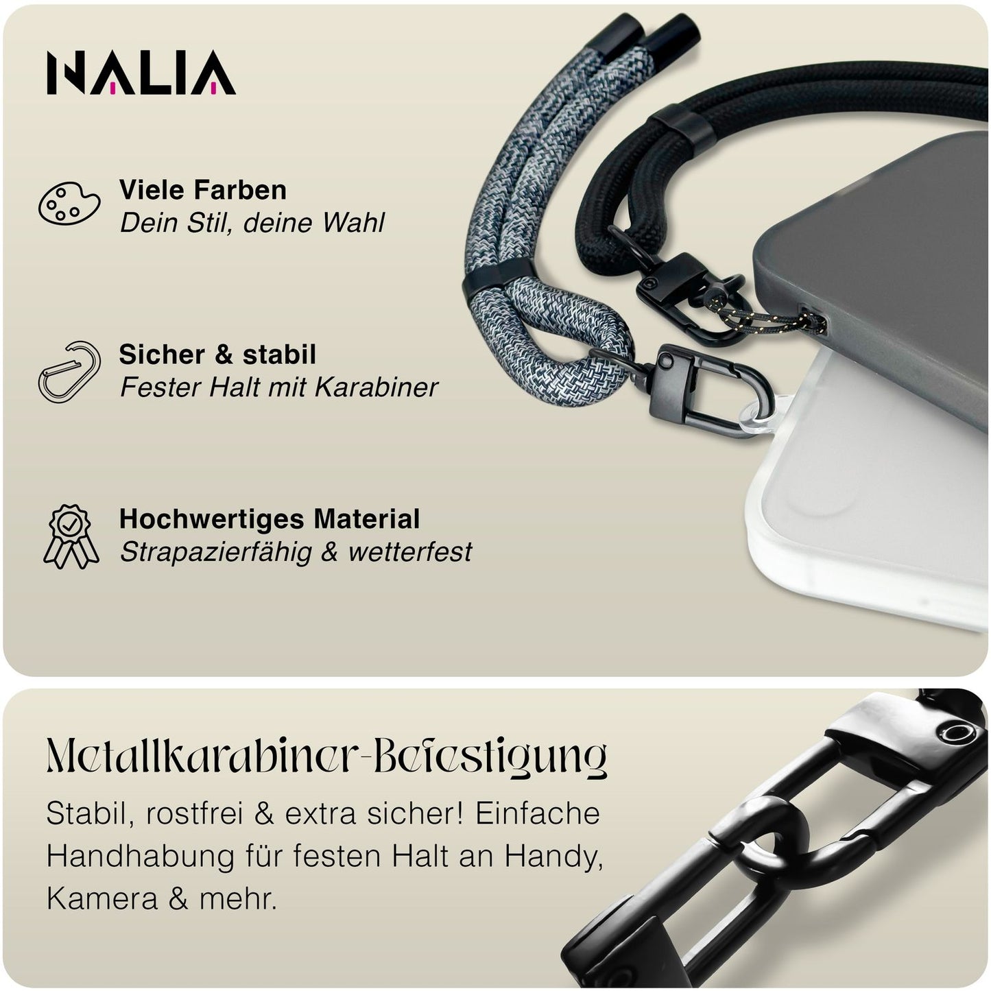 NALIA Wristy Universal Lanyard Handy-Kette für Smartphone & Handyhüllen, Handgelenk-Schlaufe mit Metallkarabiner, Verstellbares Trageband, Anti-Diebstahl Handyband
