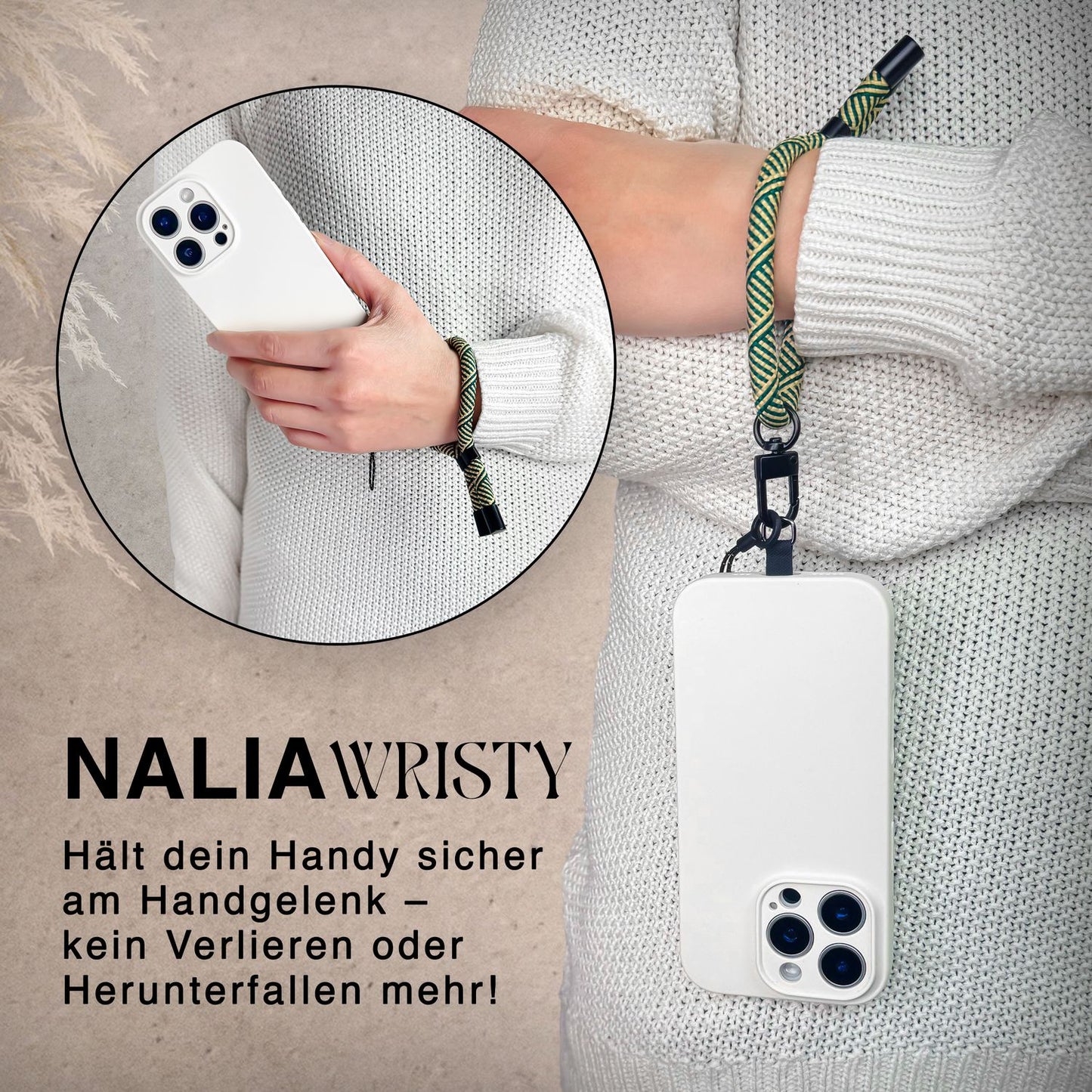 NALIA Wristy Universal Lanyard Handy-Kette für Smartphone & Handyhüllen, Handgelenk-Schlaufe mit Metallkarabiner, Verstellbares Trageband, Anti-Diebstahl Handyband