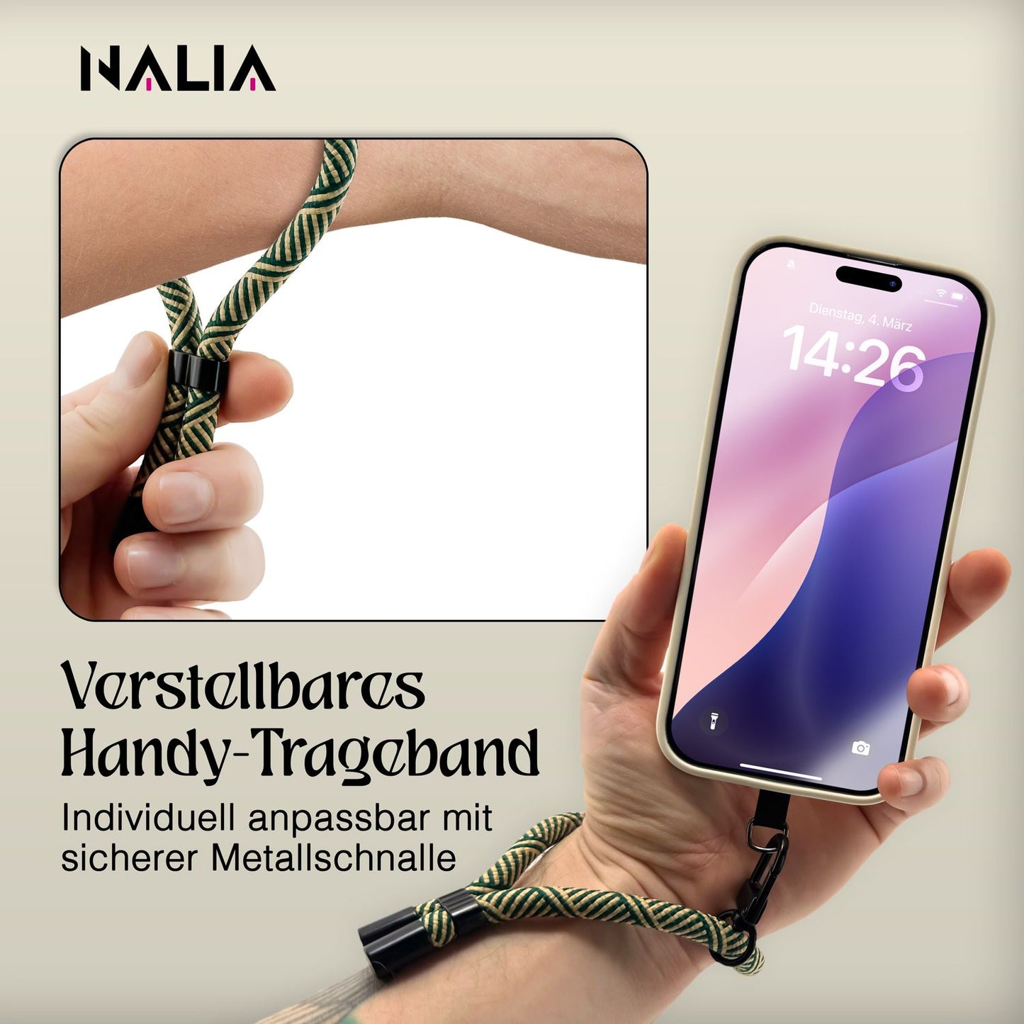 NALIA Wristy Universal Lanyard Handy-Kette für Smartphone & Handyhüllen, Handgelenk-Schlaufe mit Metallkarabiner, Verstellbares Trageband, Anti-Diebstahl Handyband