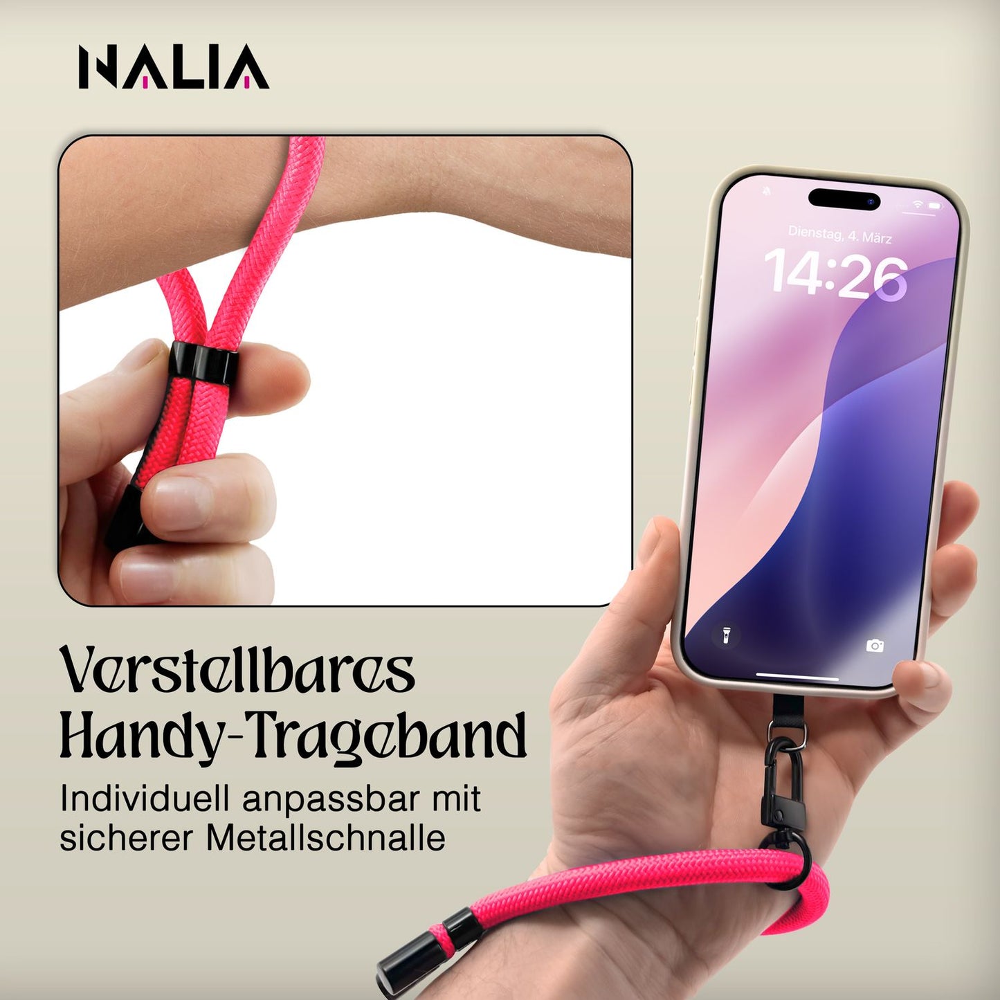 NALIA Wristy Universal Lanyard Handy-Kette für Smartphone & Handyhüllen, Handgelenk-Schlaufe mit Metallkarabiner, Verstellbares Trageband, Anti-Diebstahl Handyband