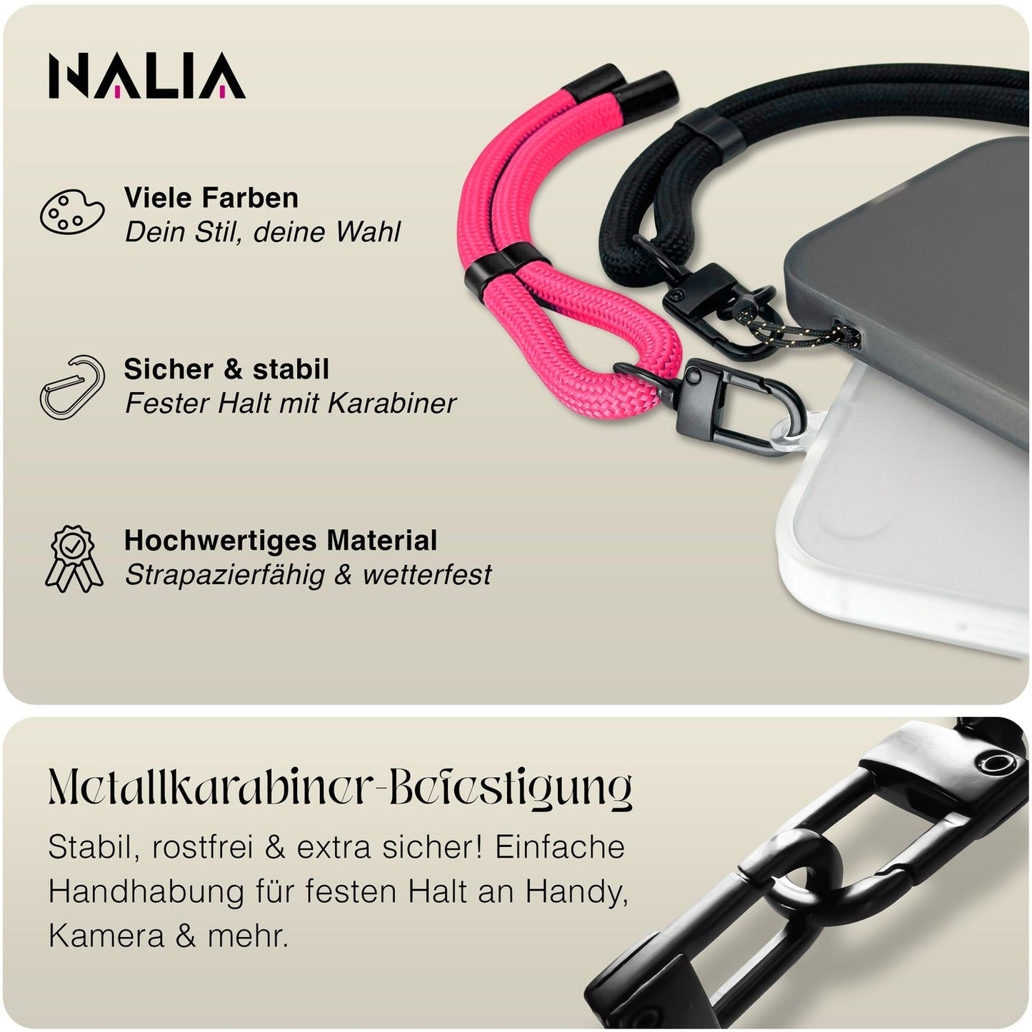 NALIA Wristy Universal Lanyard Handy-Kette für Smartphone & Handyhüllen, Handgelenk-Schlaufe mit Metallkarabiner, Verstellbares Trageband, Anti-Diebstahl Handyband