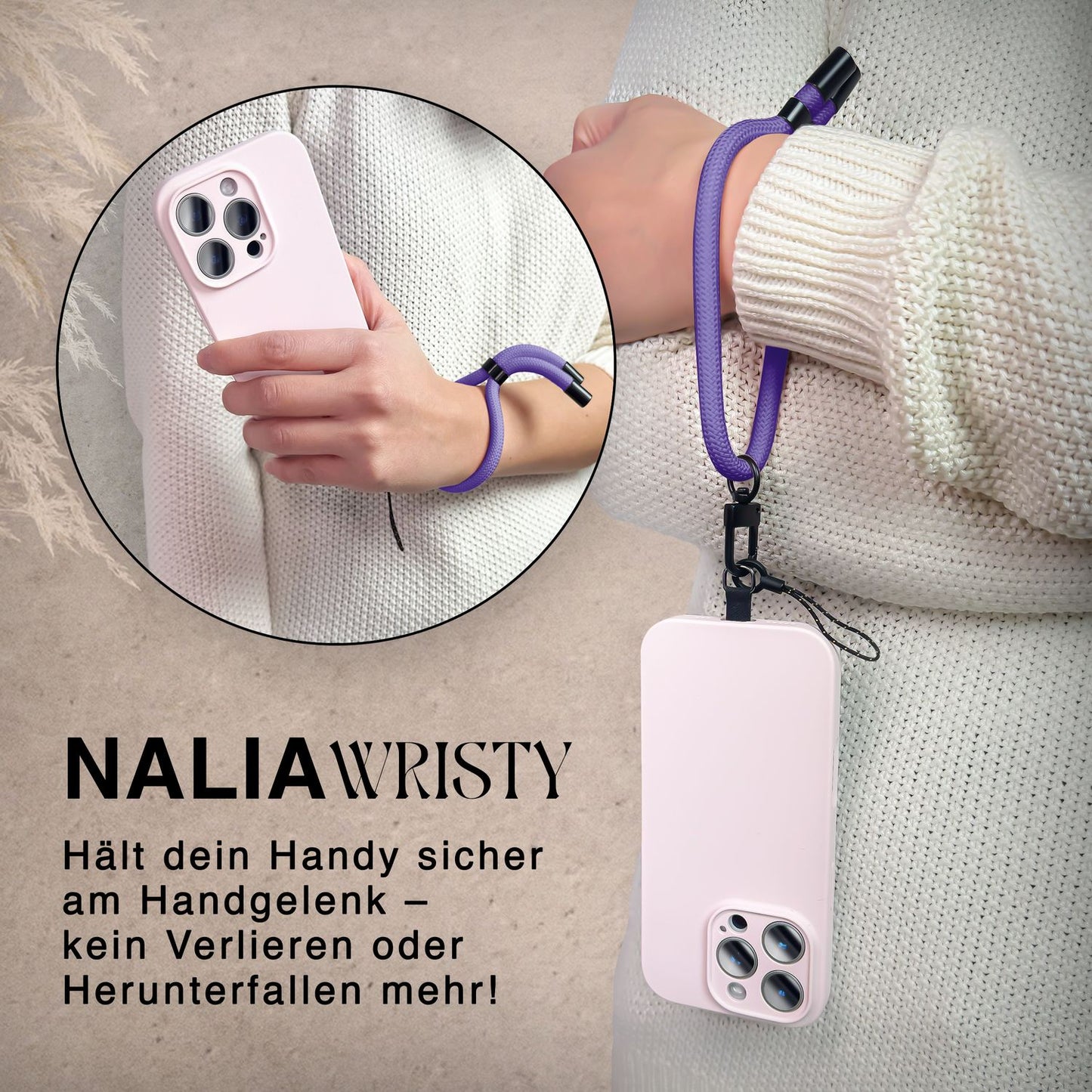 NALIA Wristy Universal Lanyard Handy-Kette für Smartphone & Handyhüllen, Handgelenk-Schlaufe mit Metallkarabiner, Verstellbares Trageband, Anti-Diebstahl Handyband