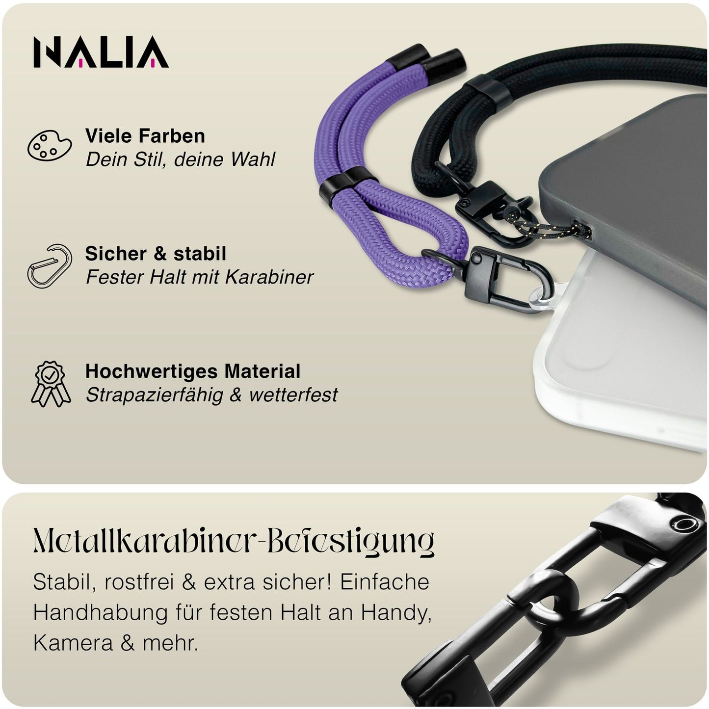 NALIA Wristy Universal Lanyard Handy-Kette für Smartphone & Handyhüllen, Handgelenk-Schlaufe mit Metallkarabiner, Verstellbares Trageband, Anti-Diebstahl Handyband