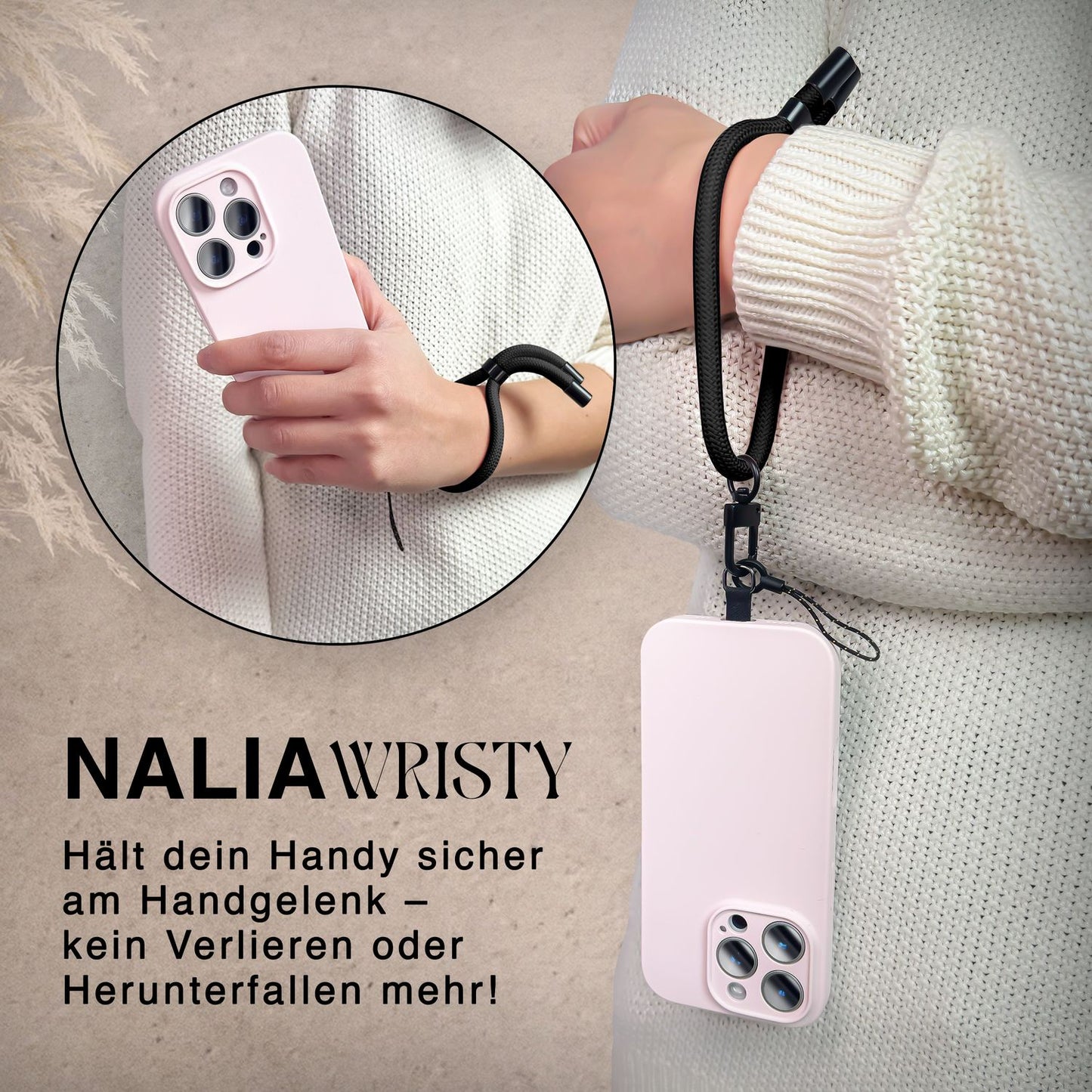 NALIA Wristy Universal Lanyard Handy-Kette für Smartphone & Handyhüllen, Handgelenk-Schlaufe mit Metallkarabiner, Verstellbares Trageband, Anti-Diebstahl Handyband