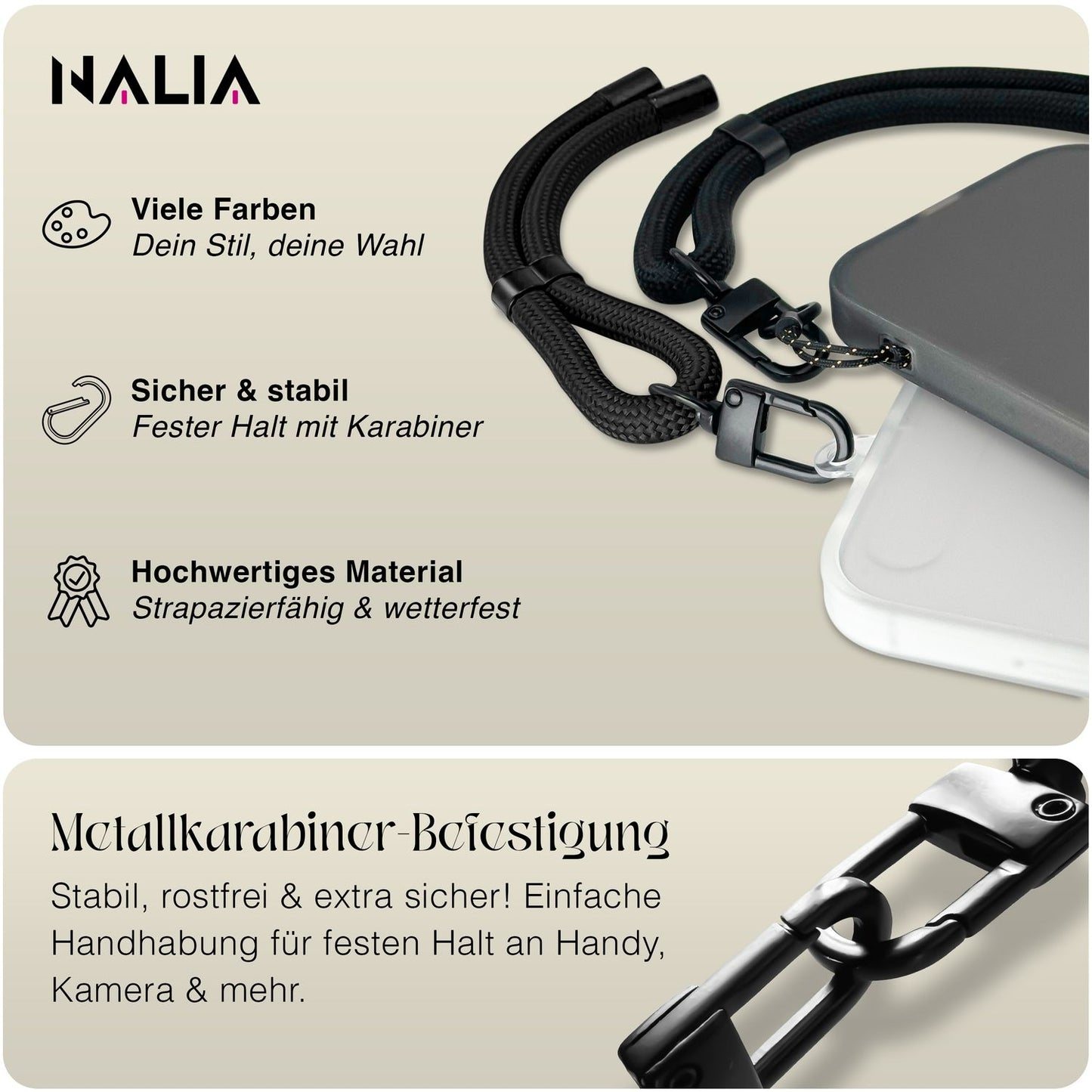 NALIA Wristy Universal Lanyard Handy-Kette für Smartphone & Handyhüllen, Handgelenk-Schlaufe mit Metallkarabiner, Verstellbares Trageband, Anti-Diebstahl Handyband
