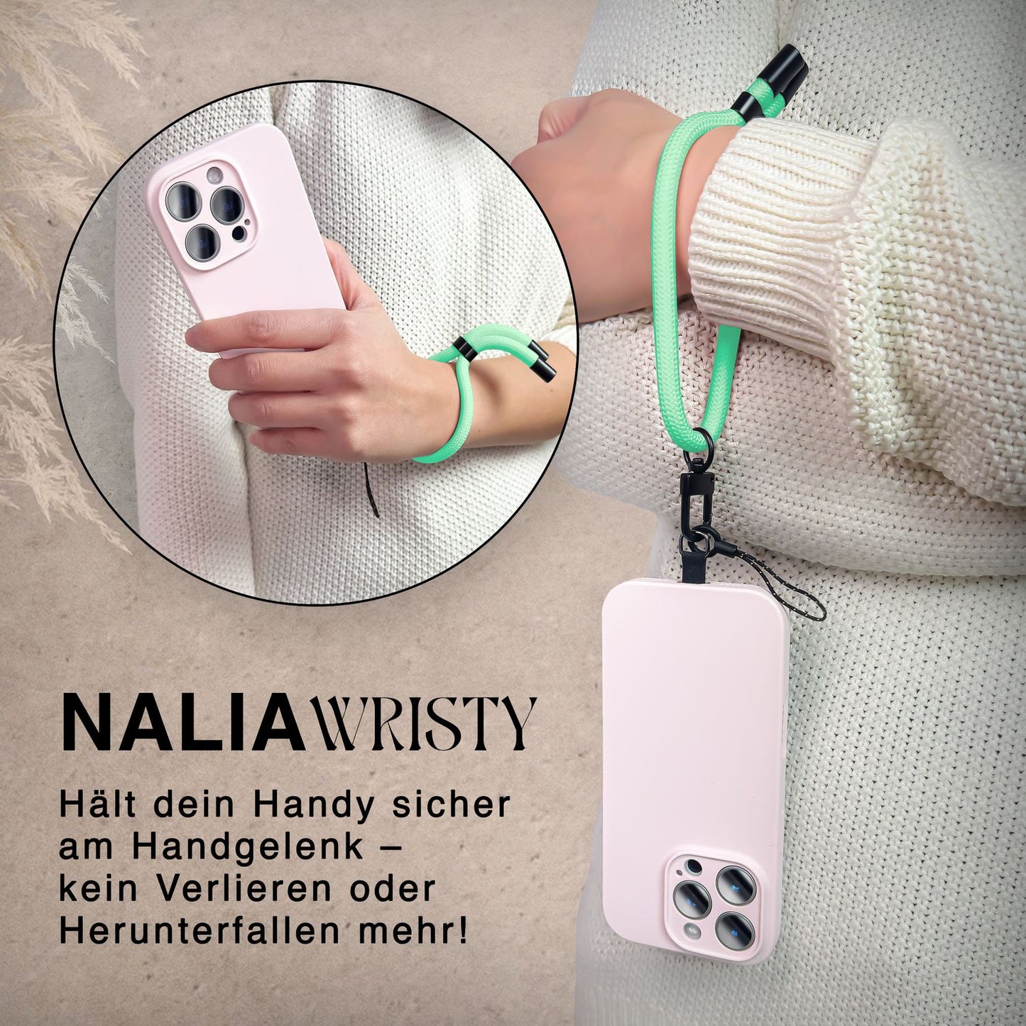NALIA Wristy Universal Lanyard Handy-Kette für Smartphone & Handyhüllen, Handgelenk-Schlaufe mit Metallkarabiner, Verstellbares Trageband, Anti-Diebstahl Handyband