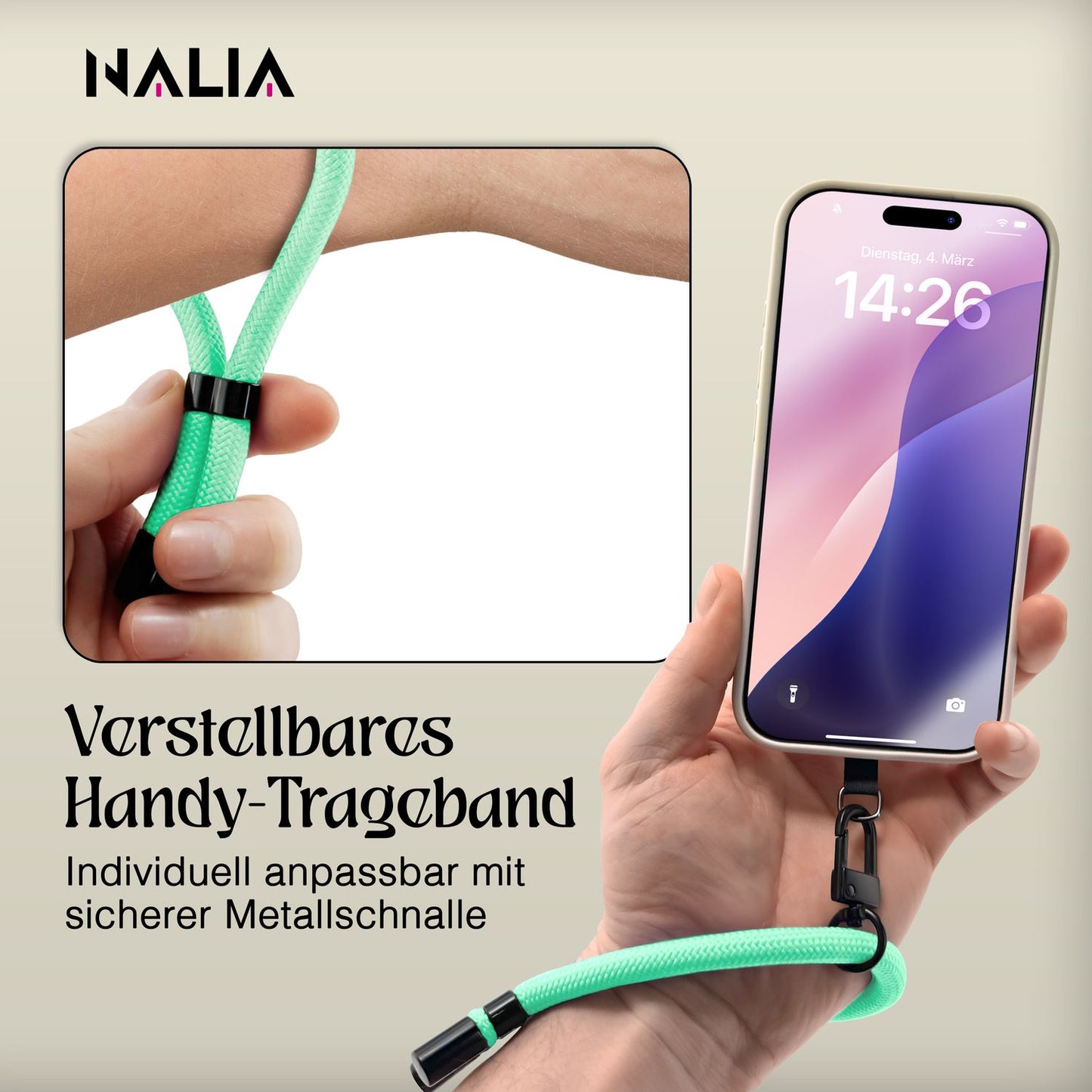NALIA Wristy Universal Lanyard Handy-Kette für Smartphone & Handyhüllen, Handgelenk-Schlaufe mit Metallkarabiner, Verstellbares Trageband, Anti-Diebstahl Handyband