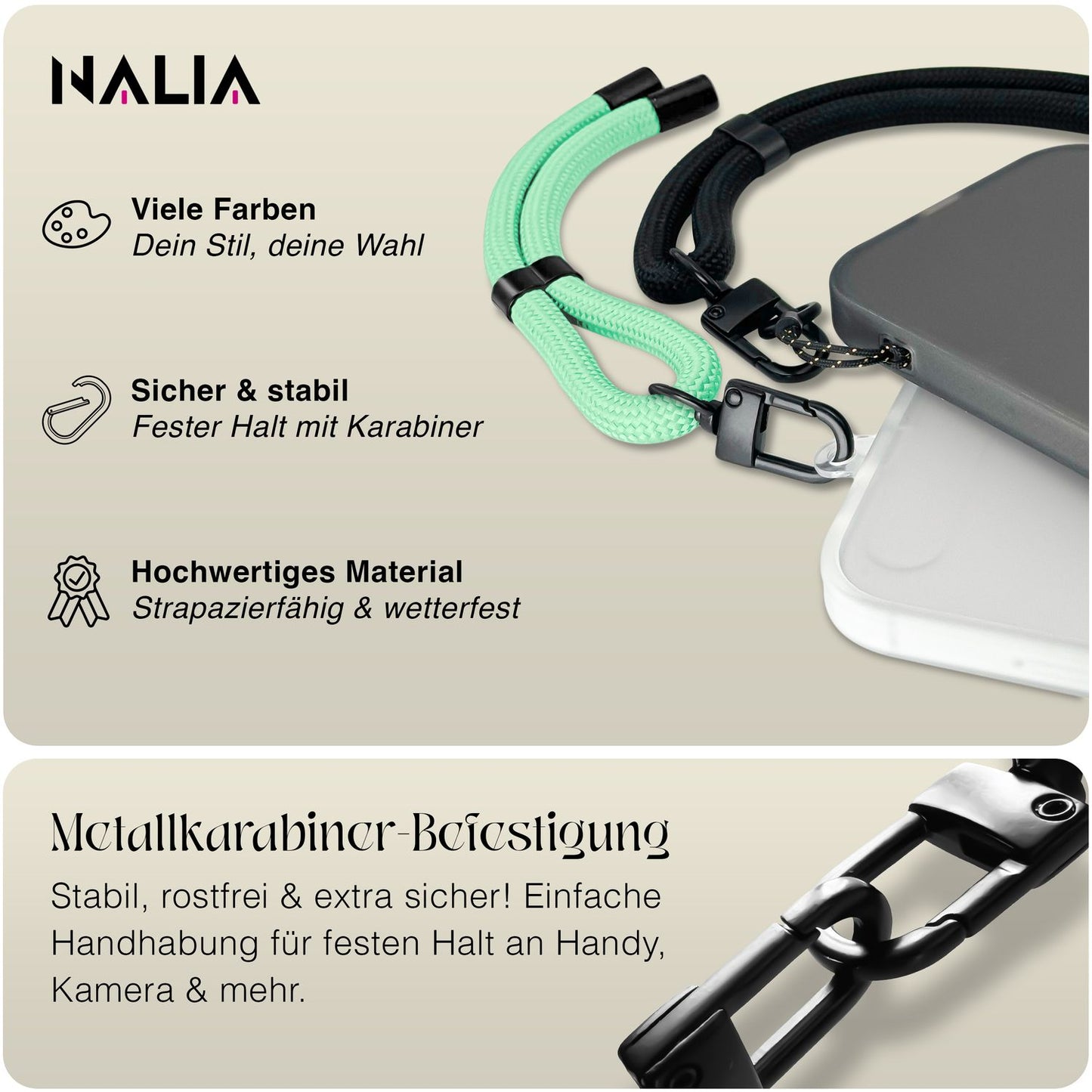 NALIA Wristy Universal Lanyard Handy-Kette für Smartphone & Handyhüllen, Handgelenk-Schlaufe mit Metallkarabiner, Verstellbares Trageband, Anti-Diebstahl Handyband