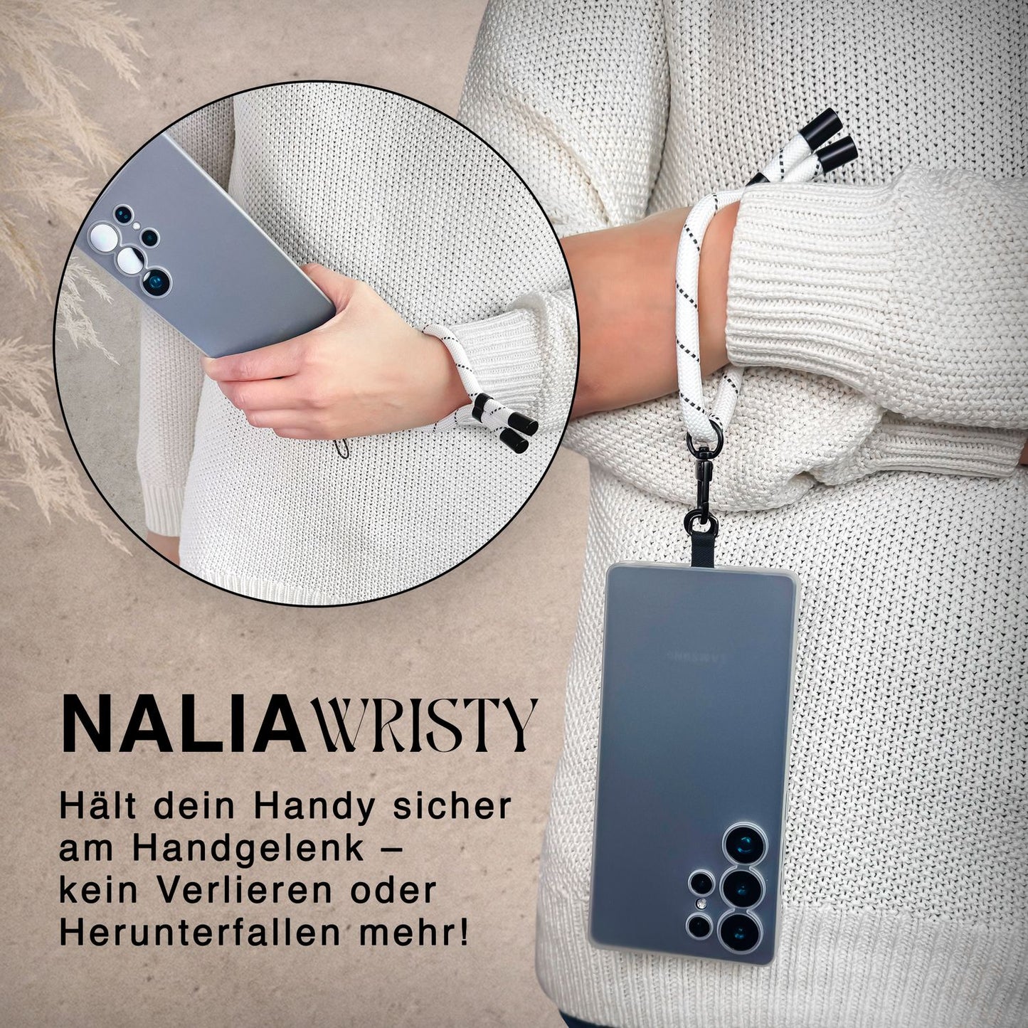 NALIA Wristy Universal Lanyard Handy-Kette für Smartphone & Handyhüllen, Handgelenk-Schlaufe mit Metallkarabiner, Verstellbares Trageband, Anti-Diebstahl Handyband