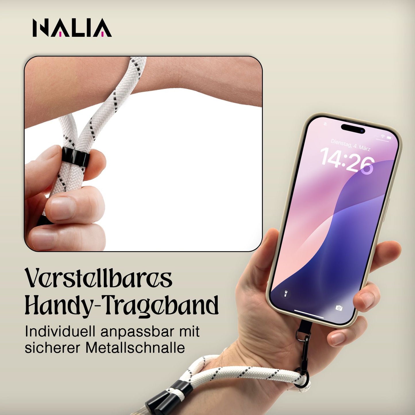 NALIA Wristy Universal Lanyard Handy-Kette für Smartphone & Handyhüllen, Handgelenk-Schlaufe mit Metallkarabiner, Verstellbares Trageband, Anti-Diebstahl Handyband