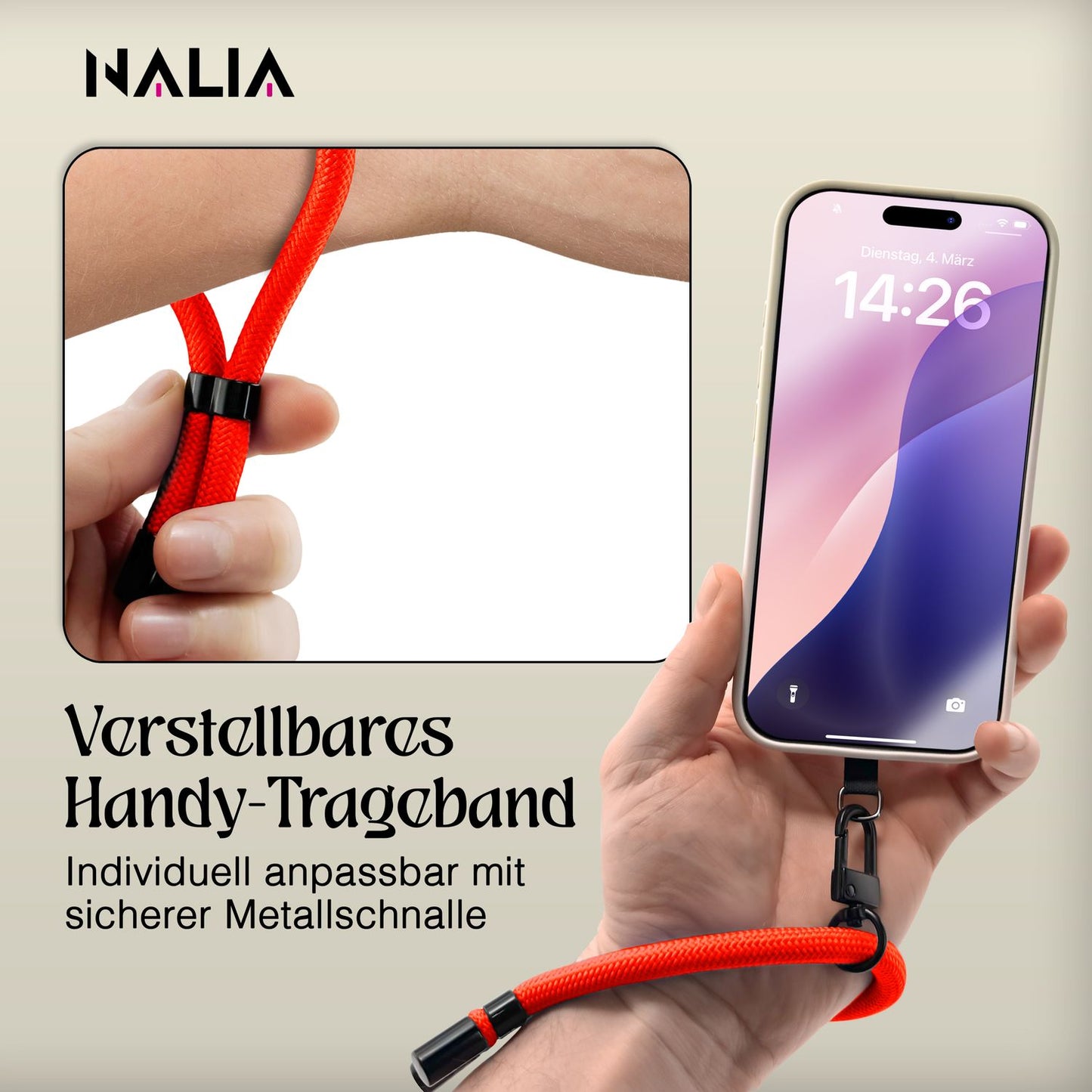 NALIA Wristy Universal Lanyard Handy-Kette für Smartphone & Handyhüllen, Handgelenk-Schlaufe mit Metallkarabiner, Verstellbares Trageband, Anti-Diebstahl Handyband