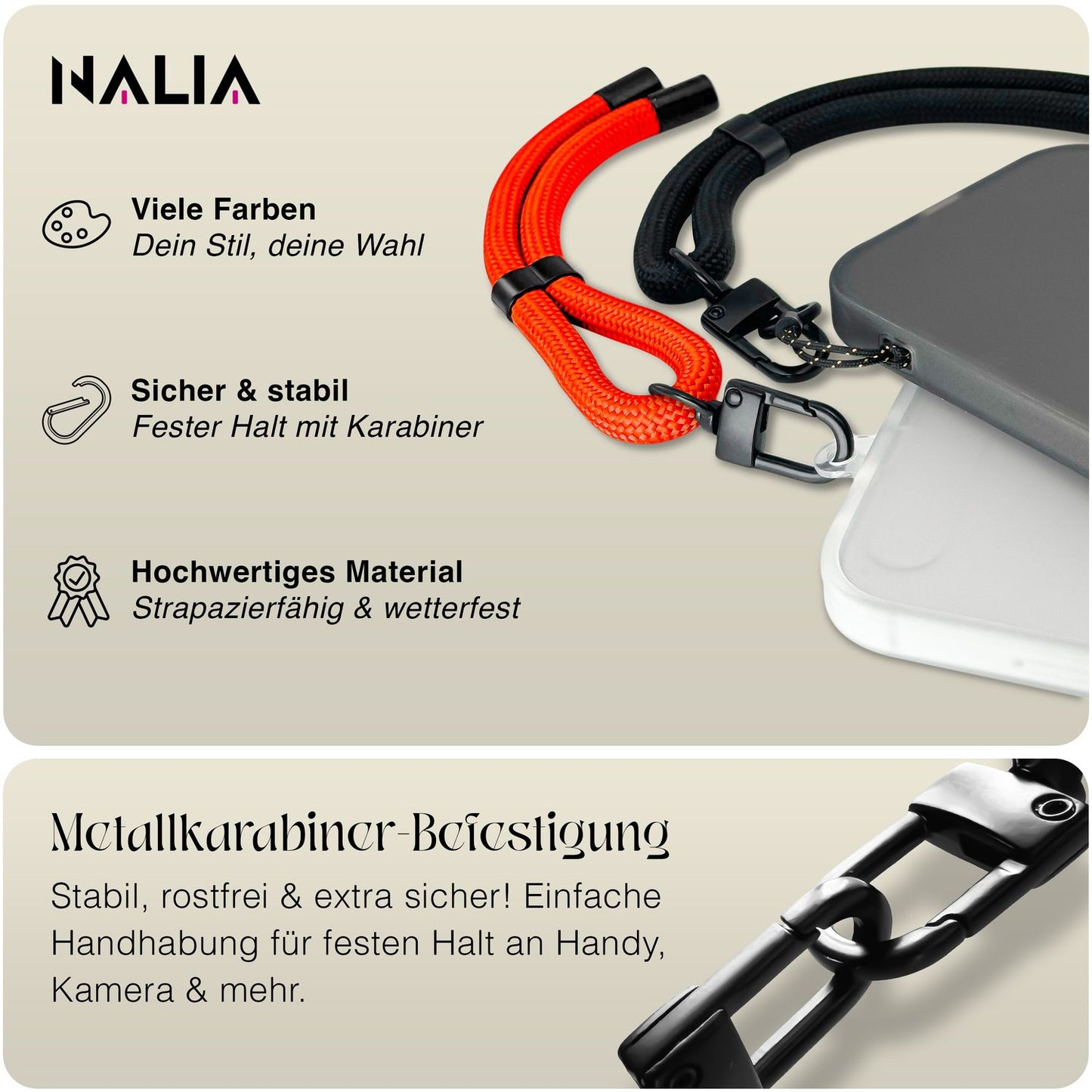 NALIA Wristy Universal Lanyard Handy-Kette für Smartphone & Handyhüllen, Handgelenk-Schlaufe mit Metallkarabiner, Verstellbares Trageband, Anti-Diebstahl Handyband