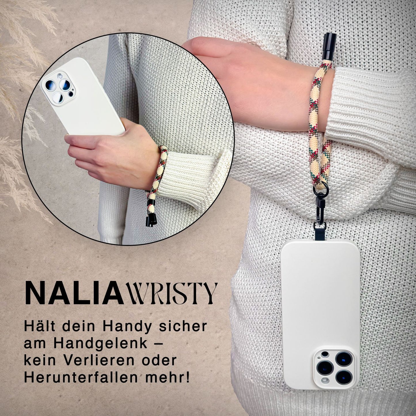 NALIA Wristy Universal Lanyard Handy-Kette für Smartphone & Handyhüllen, Handgelenk-Schlaufe mit Metallkarabiner, Verstellbares Trageband, Anti-Diebstahl Handyband