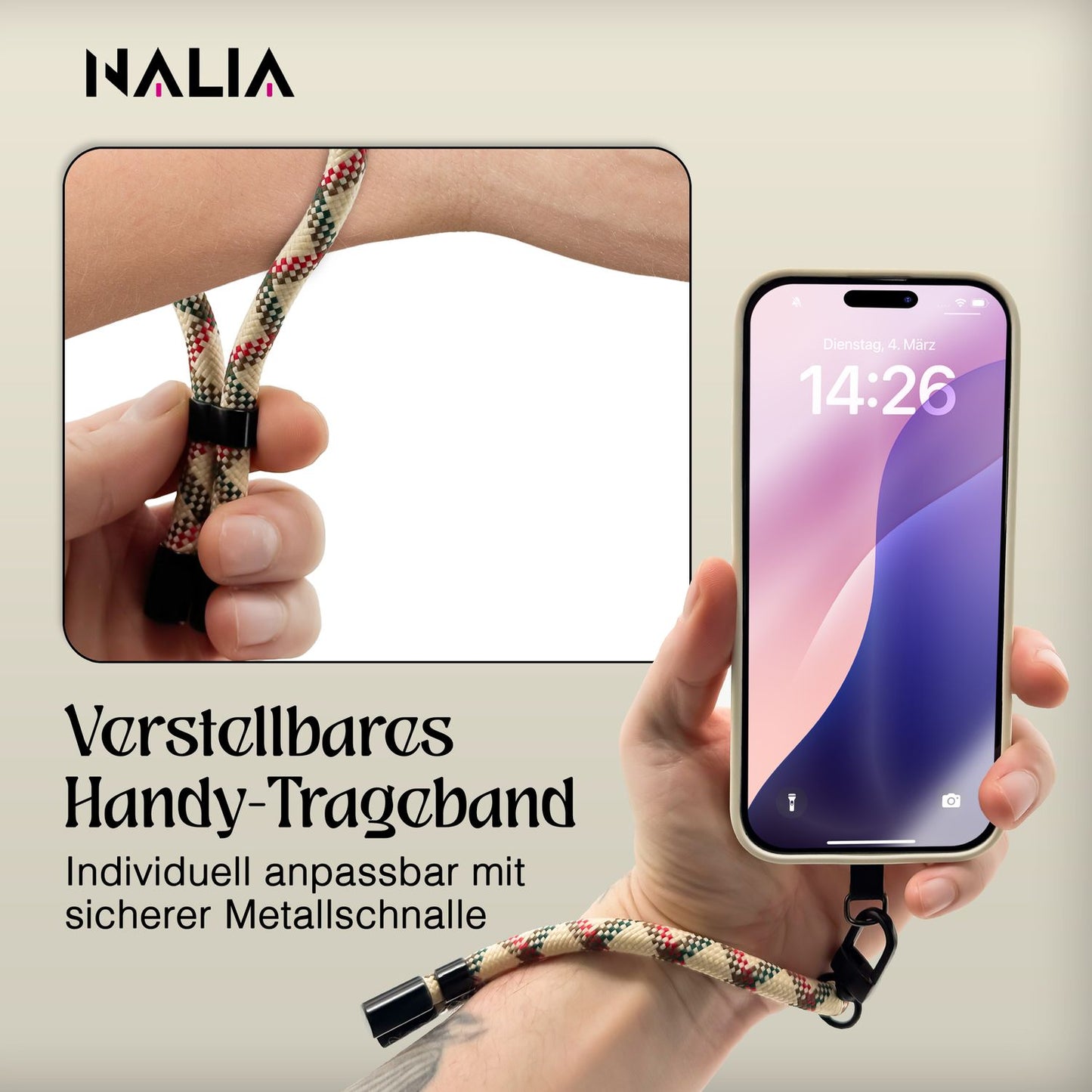 NALIA Wristy Universal Lanyard Handy-Kette für Smartphone & Handyhüllen, Handgelenk-Schlaufe mit Metallkarabiner, Verstellbares Trageband, Anti-Diebstahl Handyband