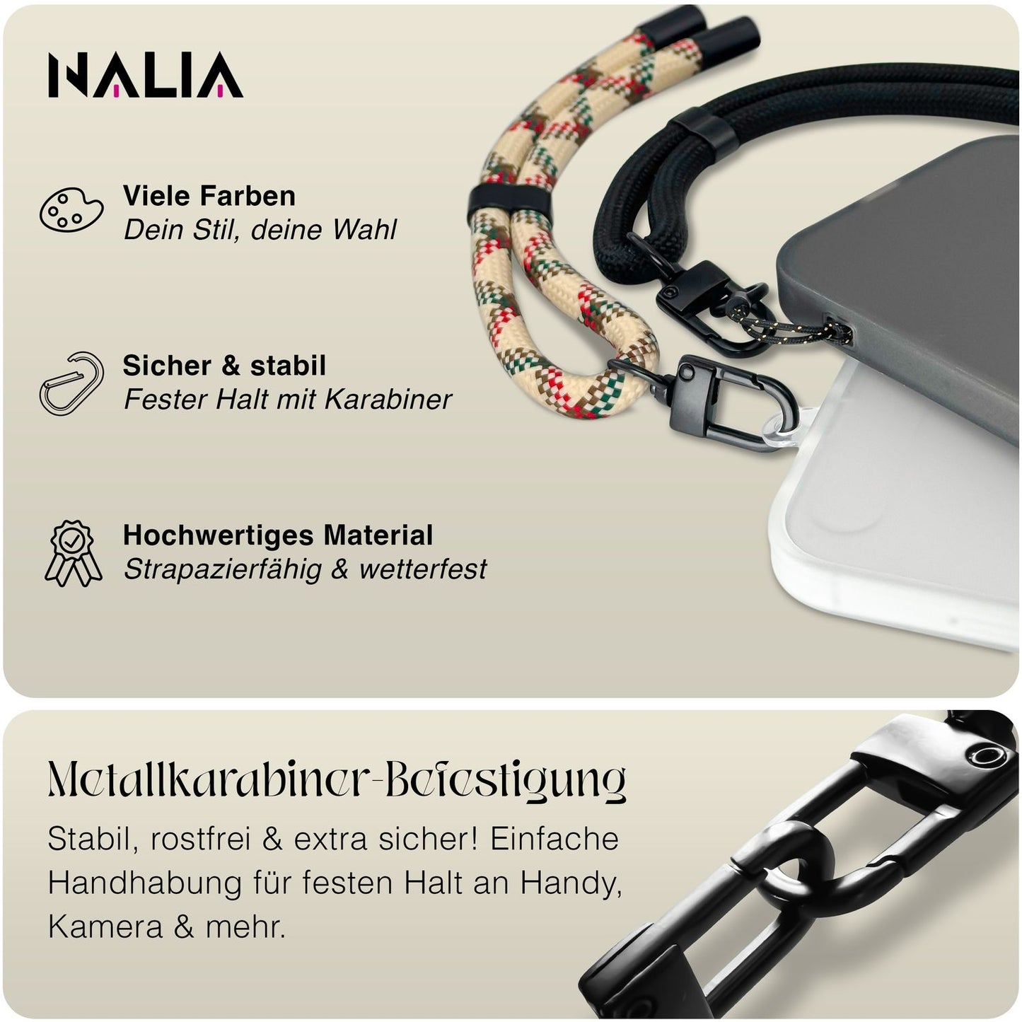 NALIA Wristy Universal Lanyard Handy-Kette für Smartphone & Handyhüllen, Handgelenk-Schlaufe mit Metallkarabiner, Verstellbares Trageband, Anti-Diebstahl Handyband