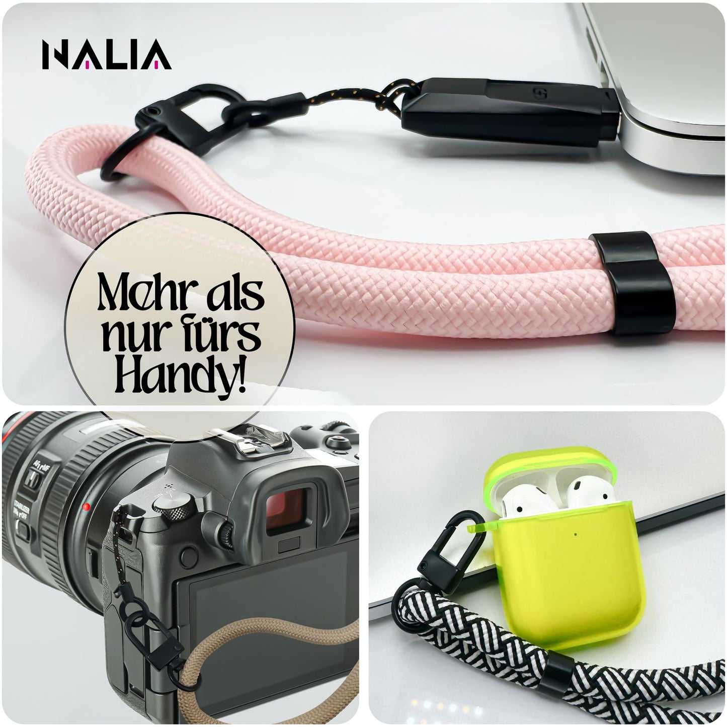 NALIA Wristy Universal Lanyard Handy-Kette für Smartphone & Handyhüllen, Handgelenk-Schlaufe mit Metallkarabiner, Verstellbares Trageband, Anti-Diebstahl Handyband