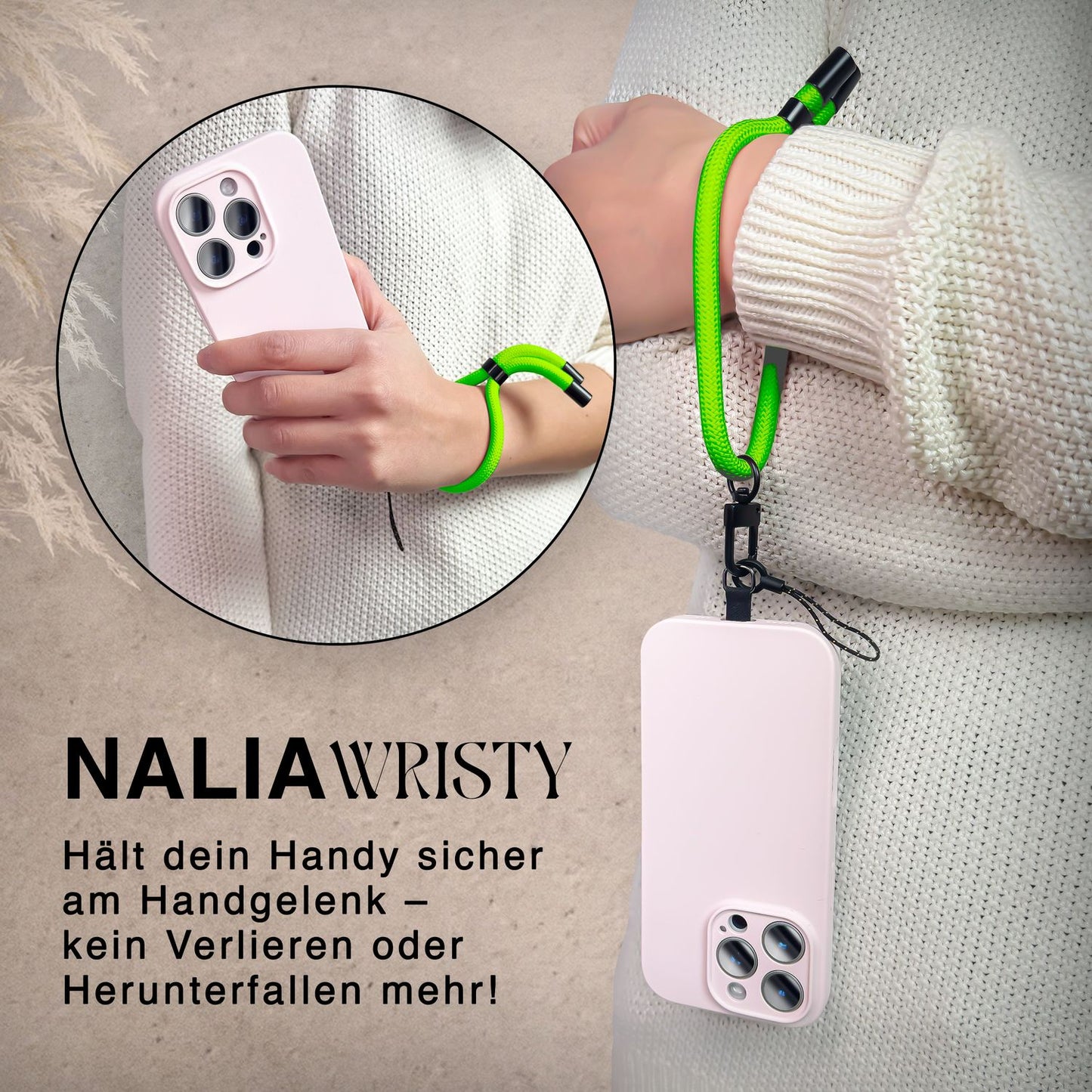 NALIA Wristy Universal Lanyard Handy-Kette für Smartphone & Handyhüllen, Handgelenk-Schlaufe mit Metallkarabiner, Verstellbares Trageband, Anti-Diebstahl Handyband