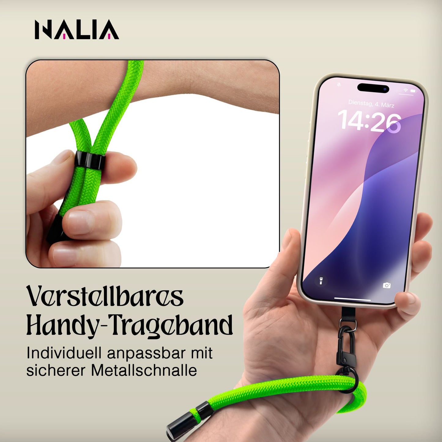 NALIA Wristy Universal Lanyard Handy-Kette für Smartphone & Handyhüllen, Handgelenk-Schlaufe mit Metallkarabiner, Verstellbares Trageband, Anti-Diebstahl Handyband