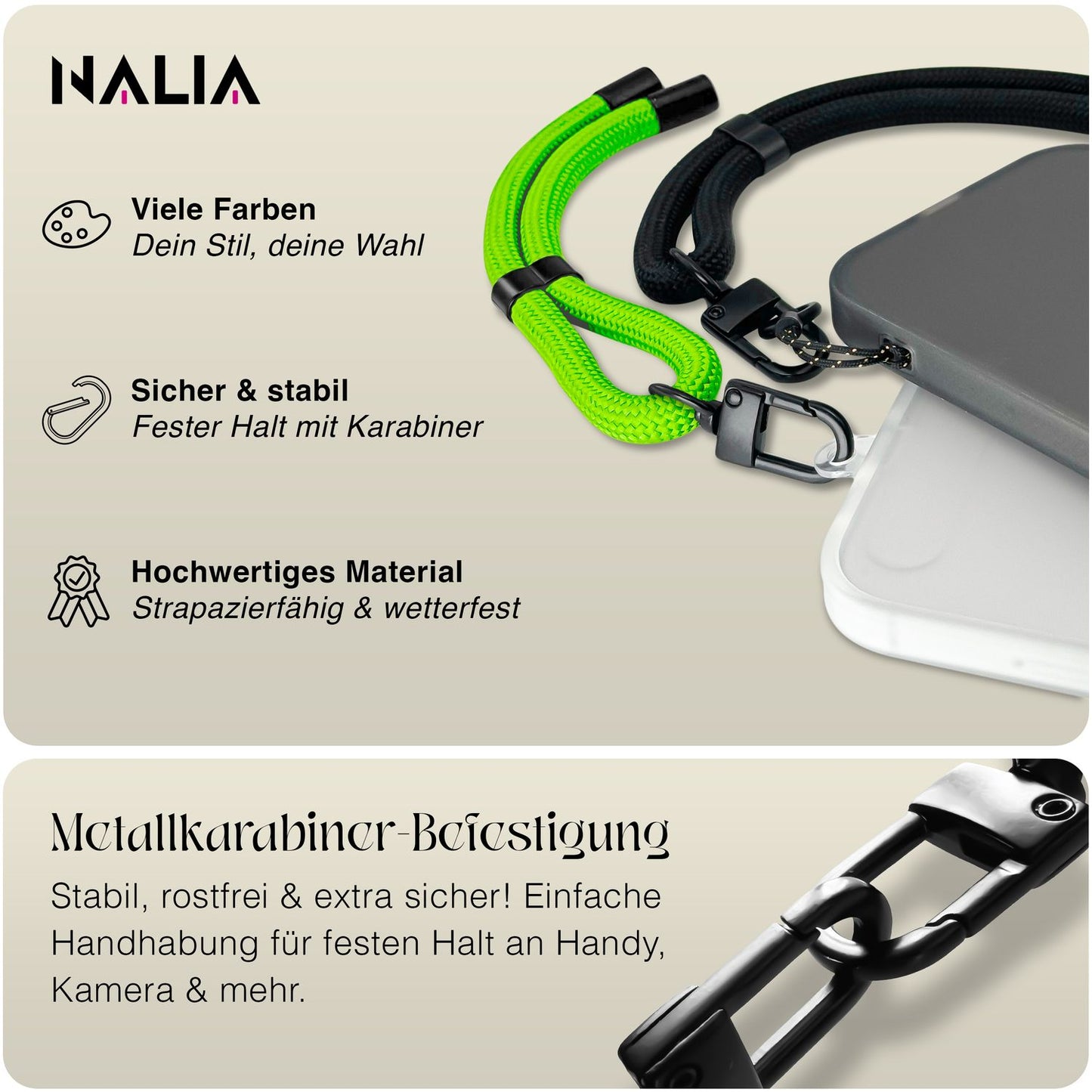 NALIA Wristy Universal Lanyard Handy-Kette für Smartphone & Handyhüllen, Handgelenk-Schlaufe mit Metallkarabiner, Verstellbares Trageband, Anti-Diebstahl Handyband