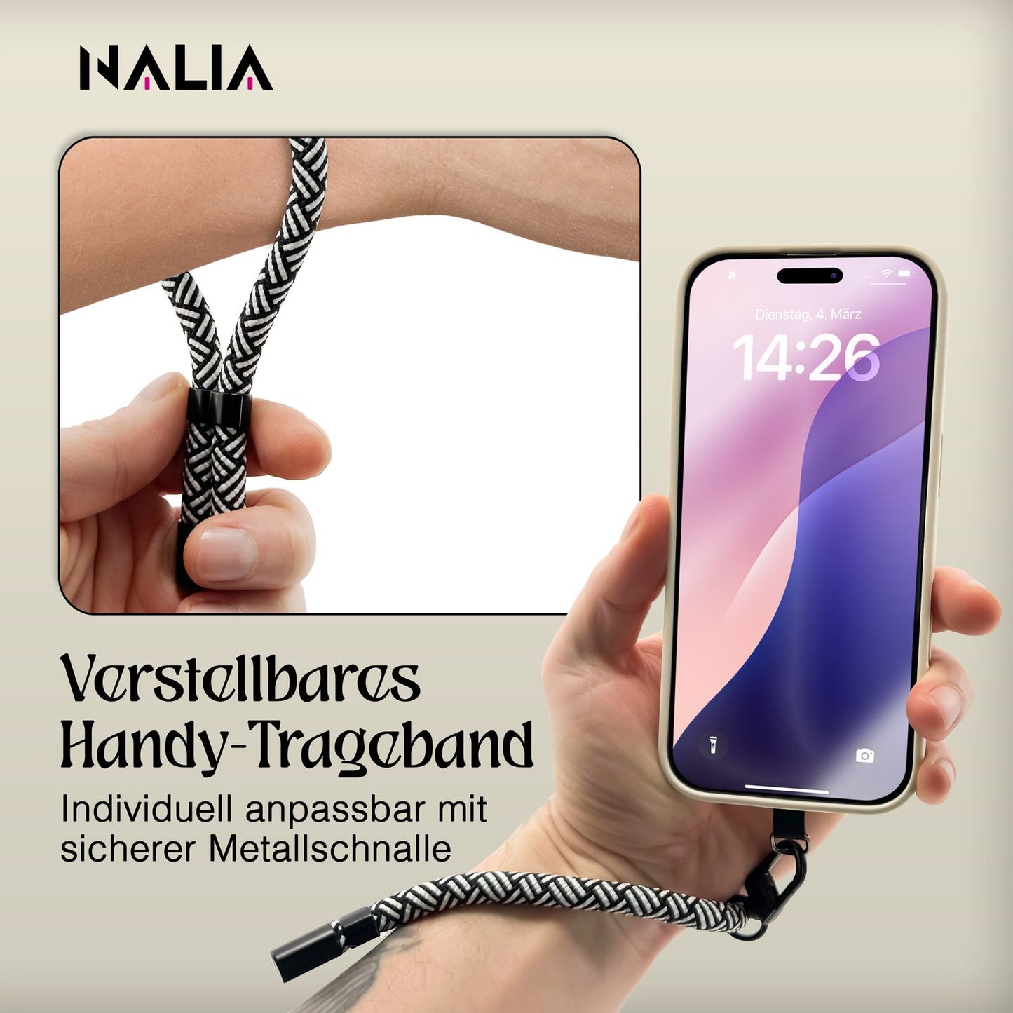 NALIA Wristy Universal Lanyard Handy-Kette für Smartphone & Handyhüllen, Handgelenk-Schlaufe mit Metallkarabiner, Verstellbares Trageband, Anti-Diebstahl Handyband