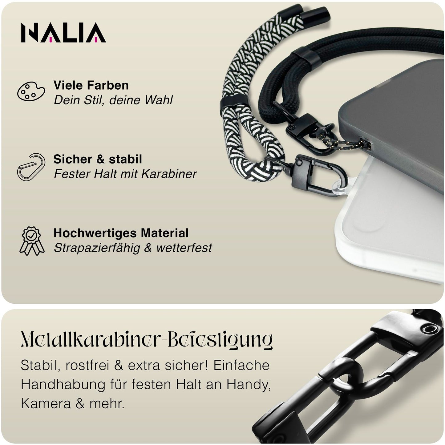 NALIA Wristy Universal Lanyard Handy-Kette für Smartphone & Handyhüllen, Handgelenk-Schlaufe mit Metallkarabiner, Verstellbares Trageband, Anti-Diebstahl Handyband