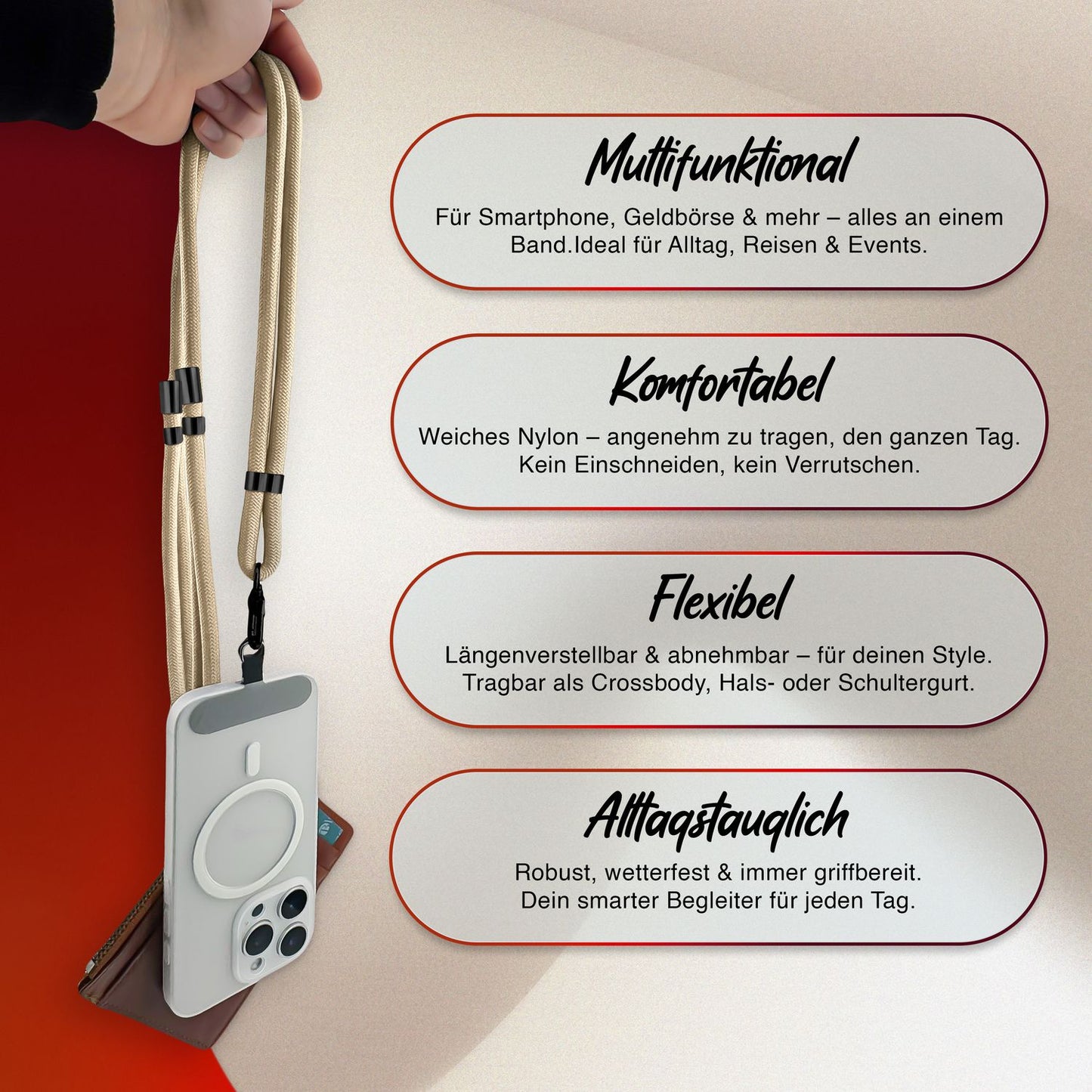 NALIA HoldMe Universal Handykette - Verstellbar Nylon Seil, Karabiner