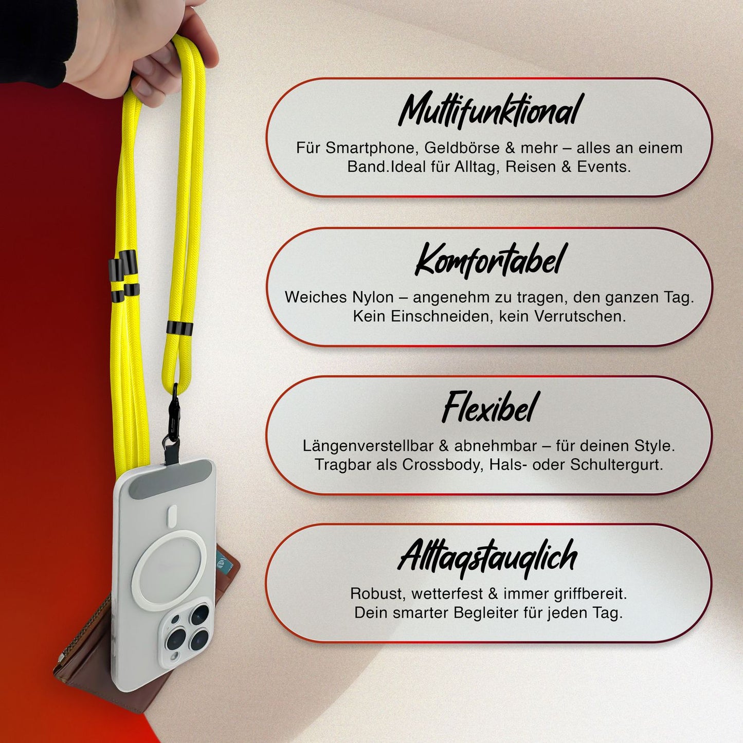 NALIA HoldMe Universal Handykette - Verstellbar Nylon Seil, Karabiner