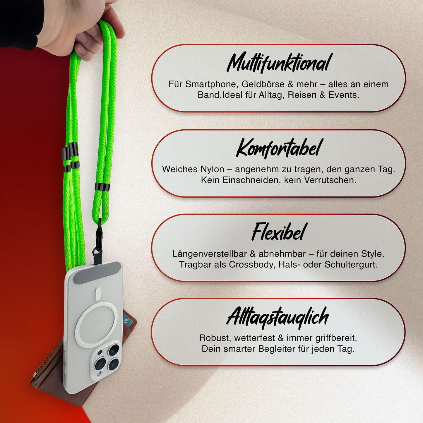 NALIA HoldMe Universal Handykette - Verstellbar Nylon Seil, Karabiner
