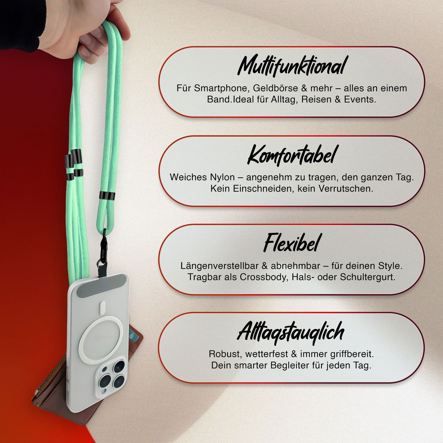 NALIA HoldMe Universal Handykette - Verstellbar Nylon Seil, Karabiner