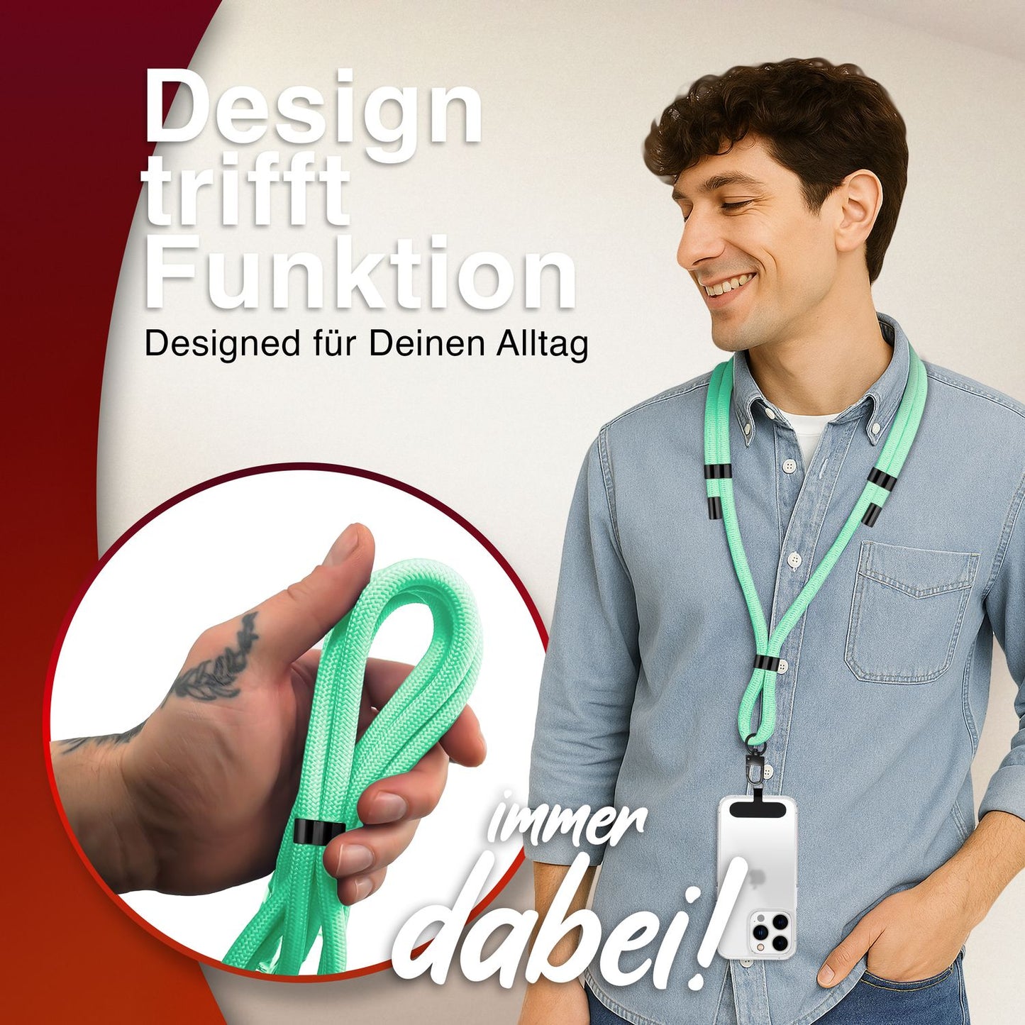 NALIA HoldMe Universal Handykette - Verstellbar Nylon Seil, Karabiner