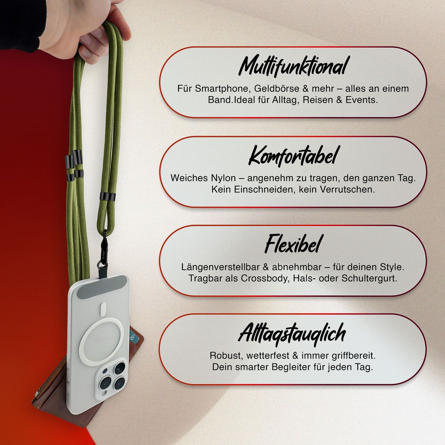 NALIA HoldMe Universal Handykette - Verstellbar Nylon Seil, Karabiner