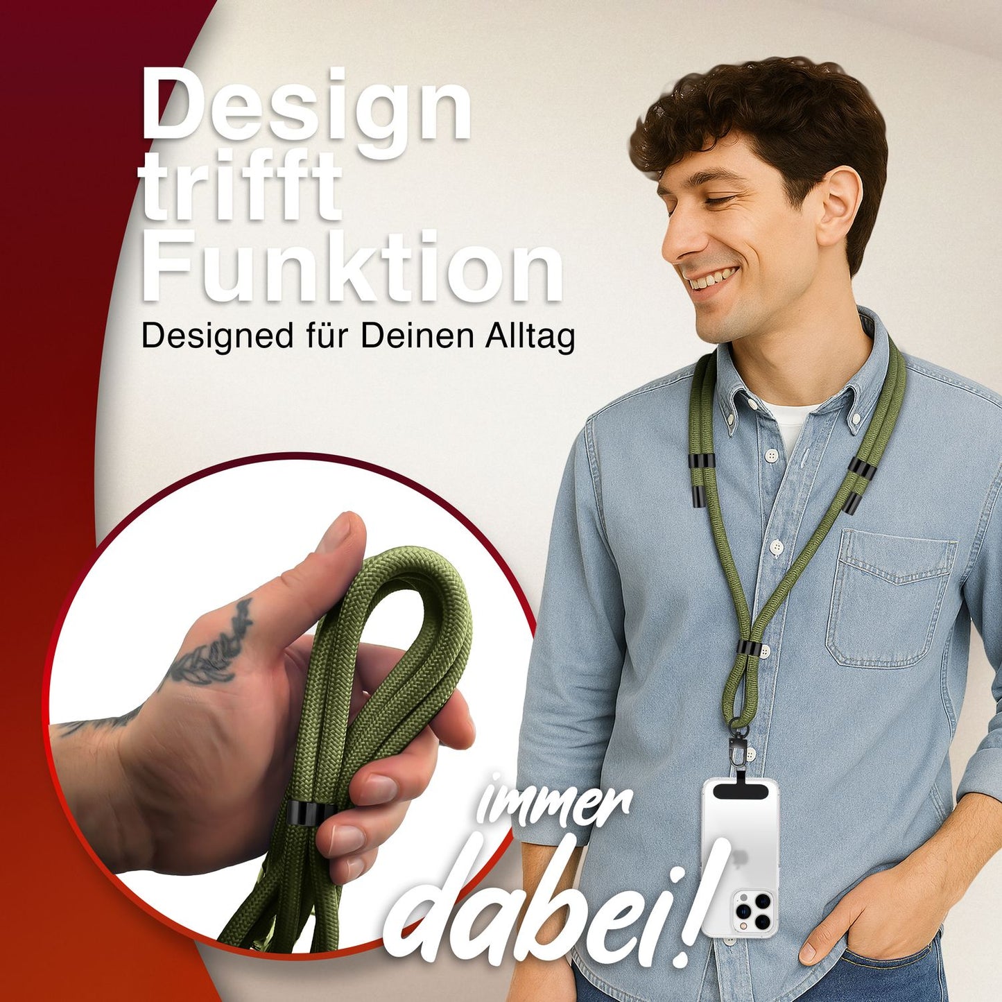 NALIA HoldMe Universal Handykette - Verstellbar Nylon Seil, Karabiner