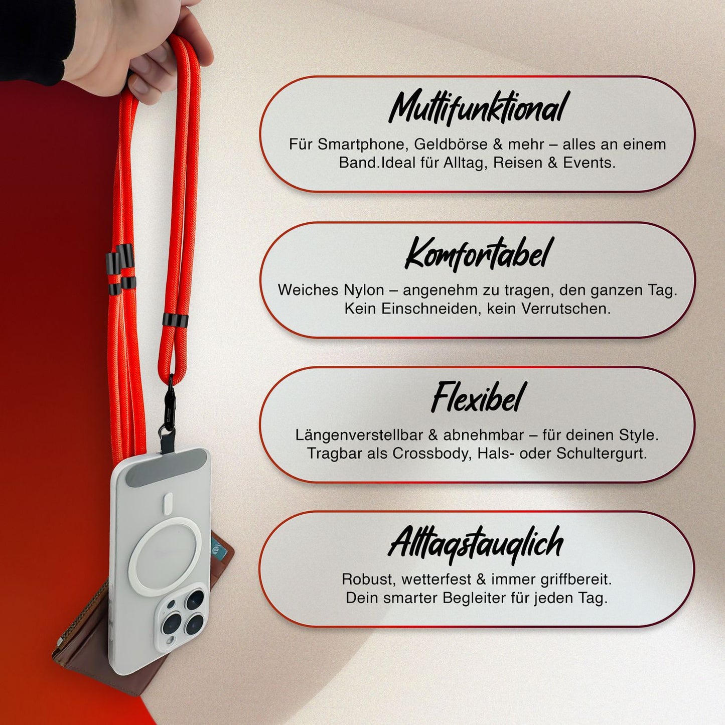 NALIA HoldMe Universal Handykette - Verstellbar Nylon Seil, Karabiner